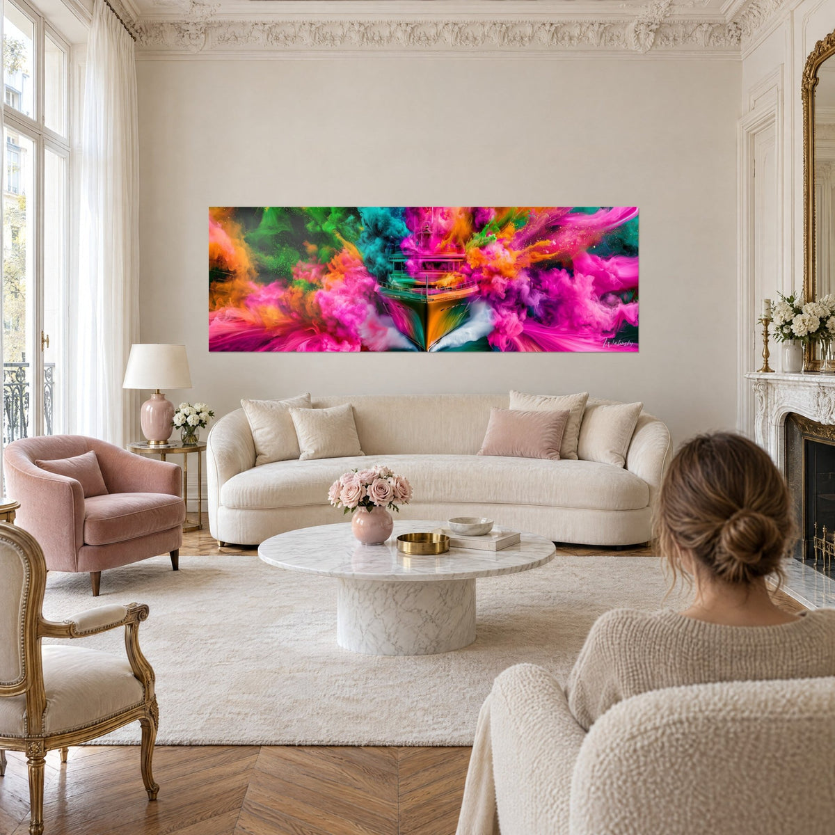 Tableau yacht fendant des fumées roses et turquoise, étrave verte et orange, au-dessus d'un canapé dans un salon lumineux