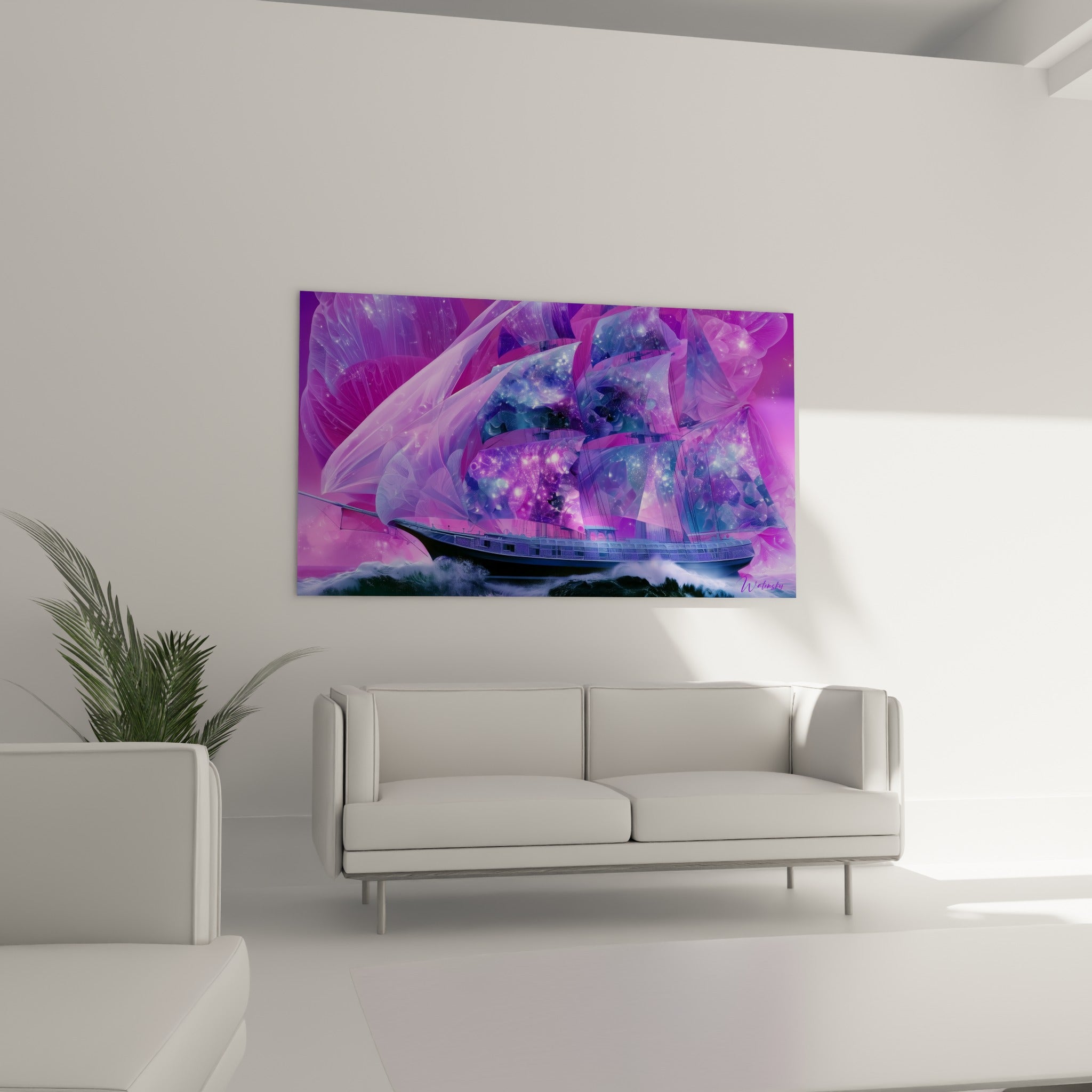 Vaisseau violet et bleu nuit sous des voiles galactiques, disposé au-dessus d'un canapé dans un salon lumineux