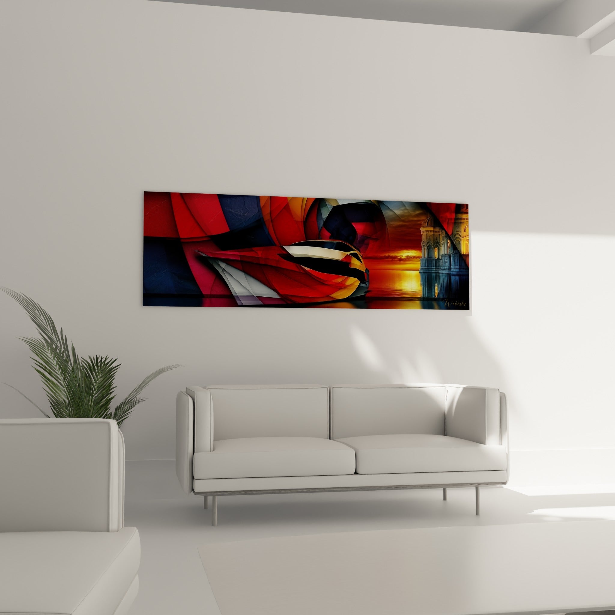Coque rouge et blanche du bateau abstrait filant vers l'horizon, au-dessus d'un canapé dans un salon lumineux
