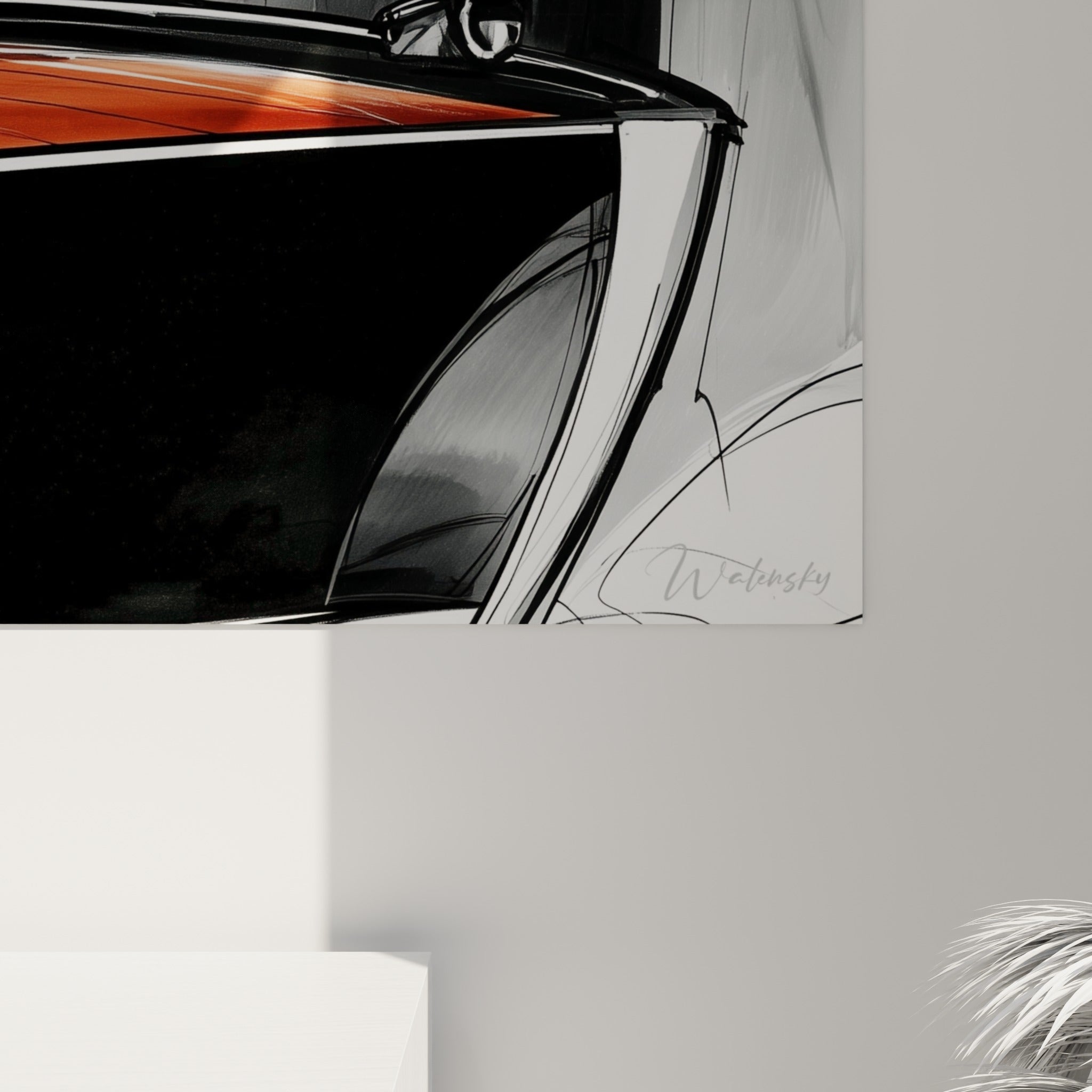 Traits esquissés en gris et noir laissant apparaître le grain de l'impression sur ce tableau bateau abstrait acajou