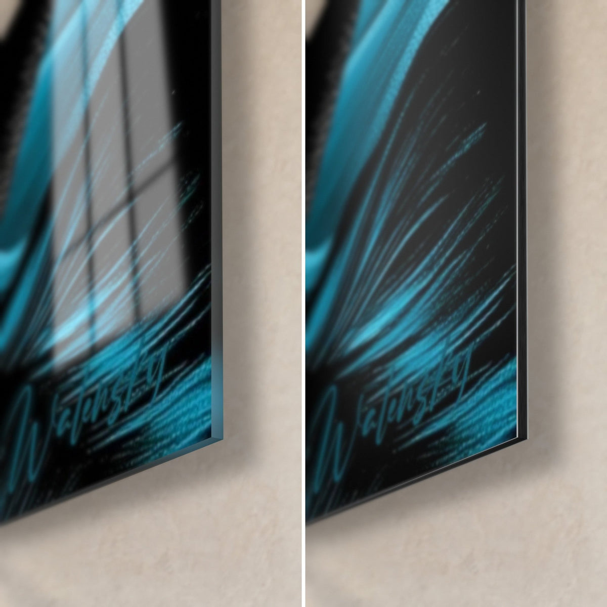 Schilderij zwart zeilboot met turquoise golven, rechtsonder hoek in glanzend acrylglas links en mat Dibond-aluminium rechts, rand van 3 mm
