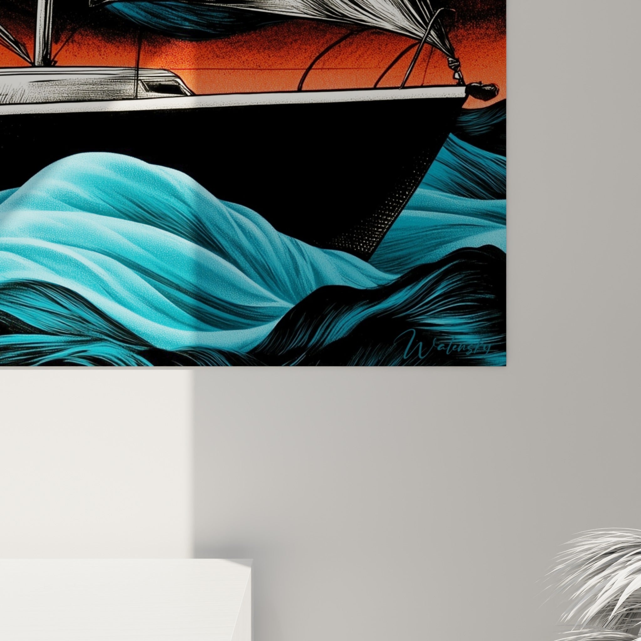 Empâtements et traits fins des voiles blanches, coulures turquoise et orange sur ce tableau bateau abstrait accroché