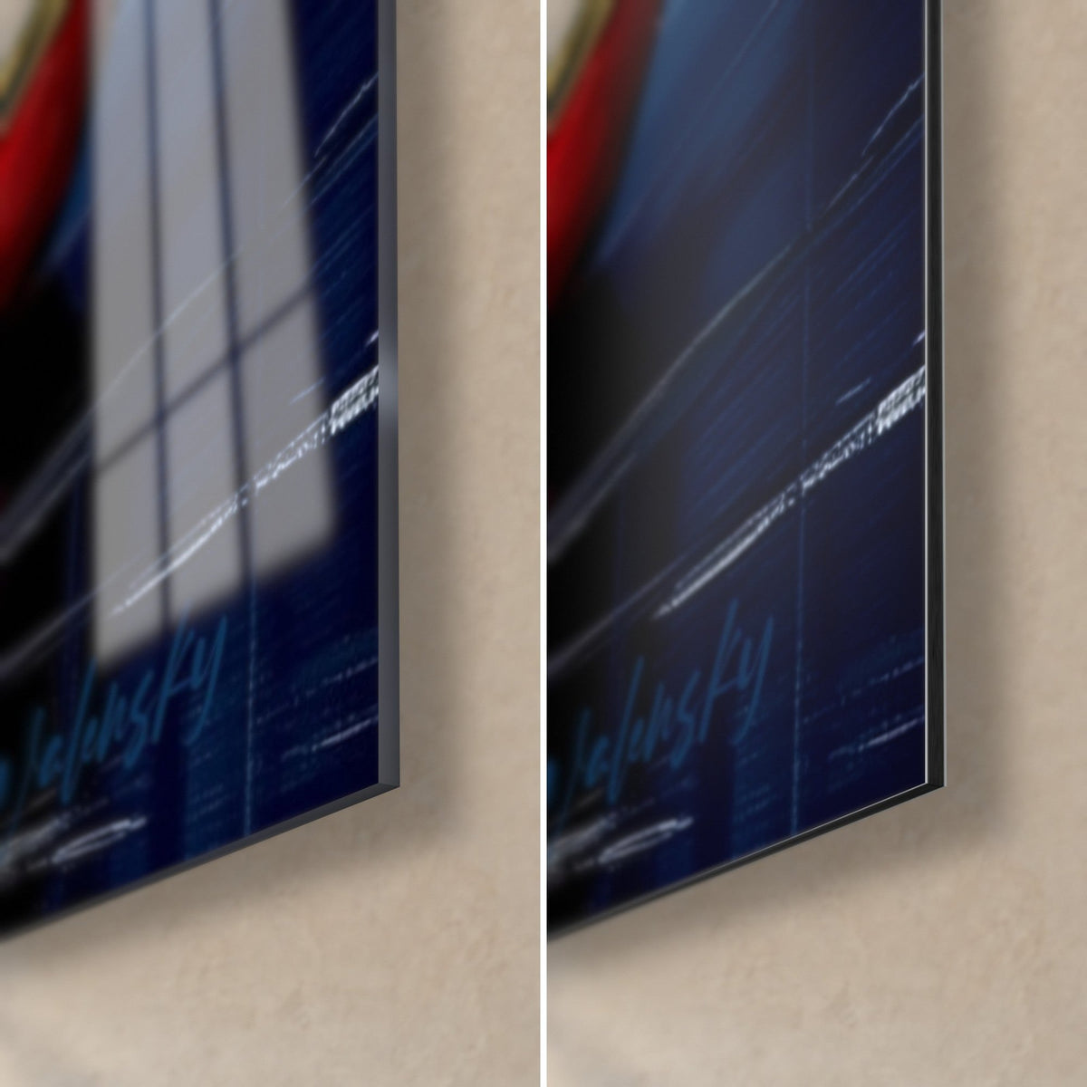 Tableau voilier à la coque rouge, coin bas droit, reflets bleus sur le verre brillant, Dibond mat et tranche de 3 mm