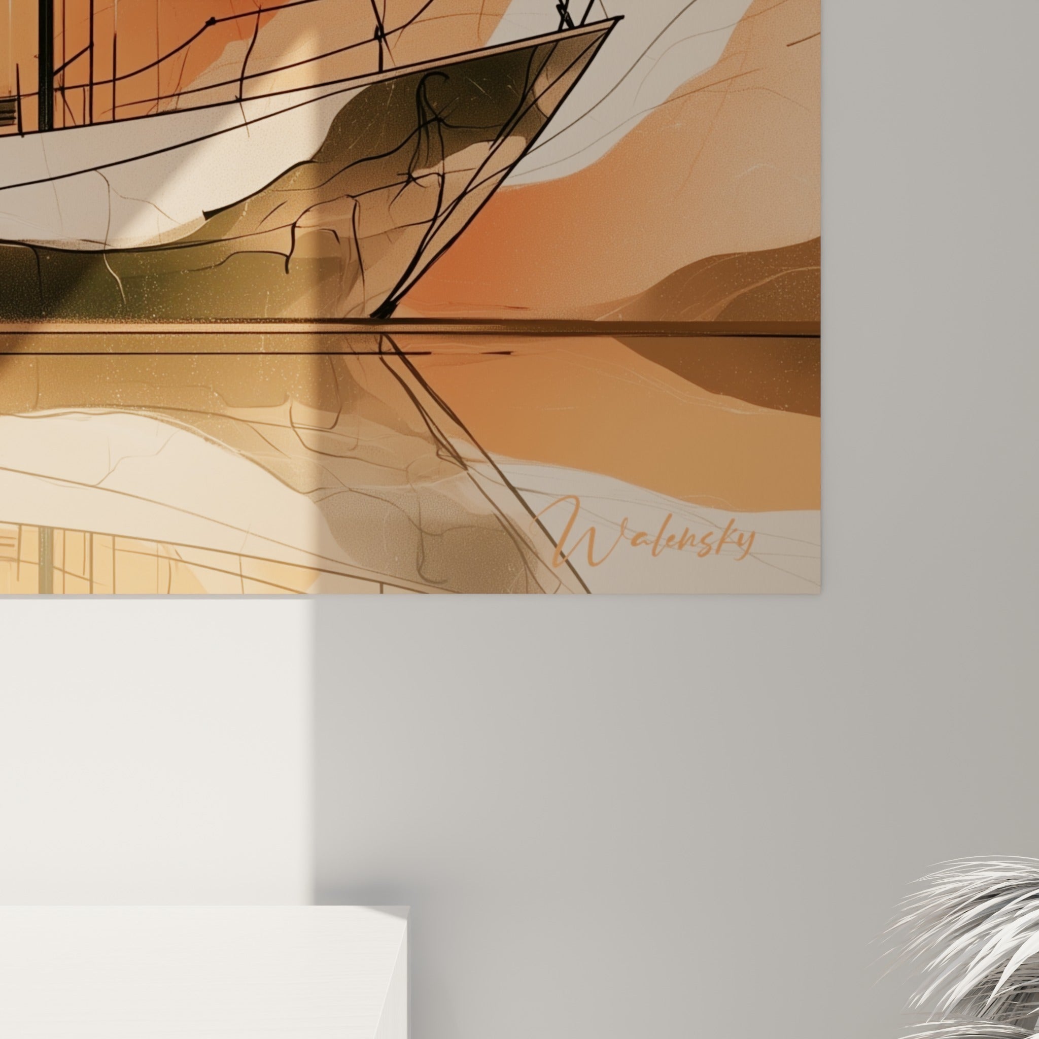 Traits noirs fins et aplats terracotta se superposant sur la toile, révélant la texture picturale du voilier