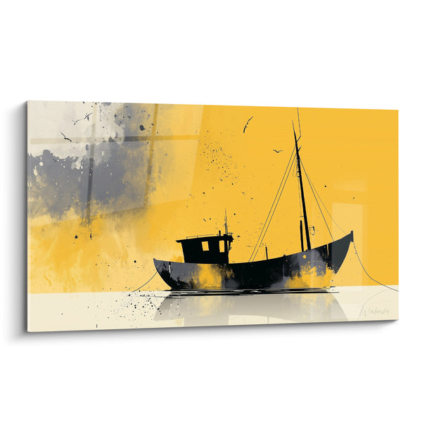 Fishing Boat Black on Yellow Background Painting - Waiting for the Open Sea - Abstract Boat Edition
