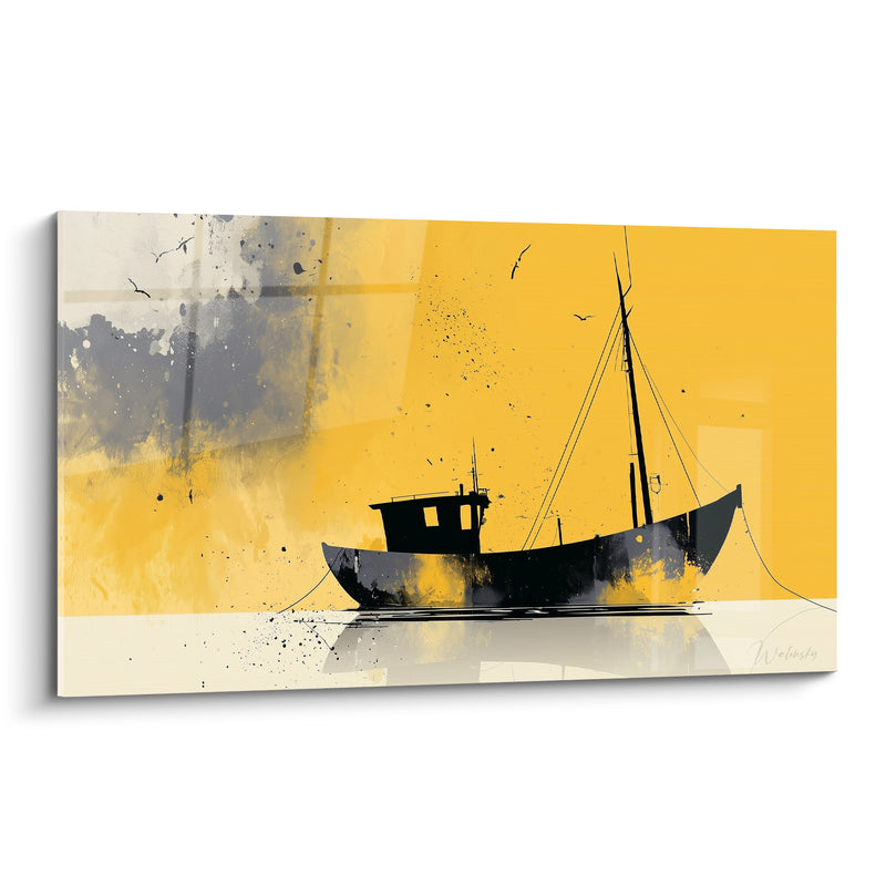 Tableau Bateau de pêche noir sur fond jaune - Attente avant le large - Edition Bateau abstrait