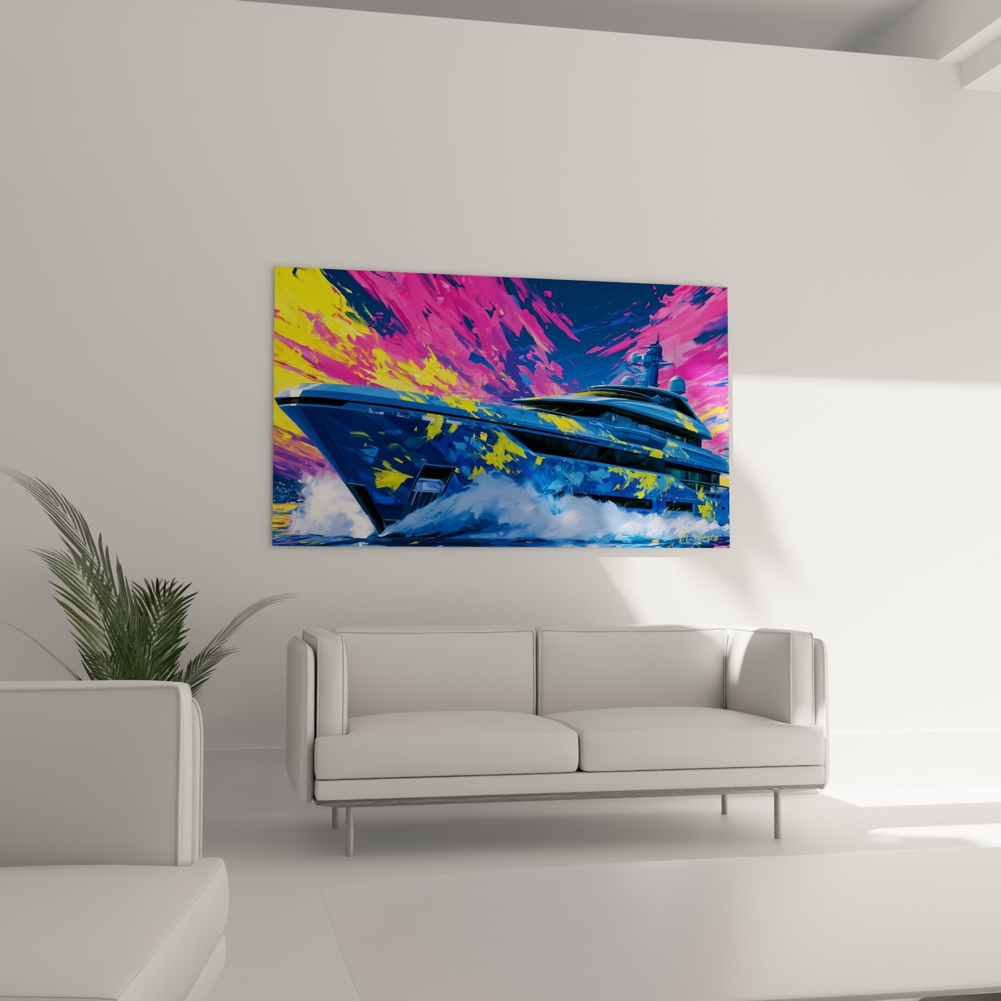 Bateau abstrait aux tons jaunes et roses filant sur l'eau au-dessus d'un canapé dans un salon lumineux