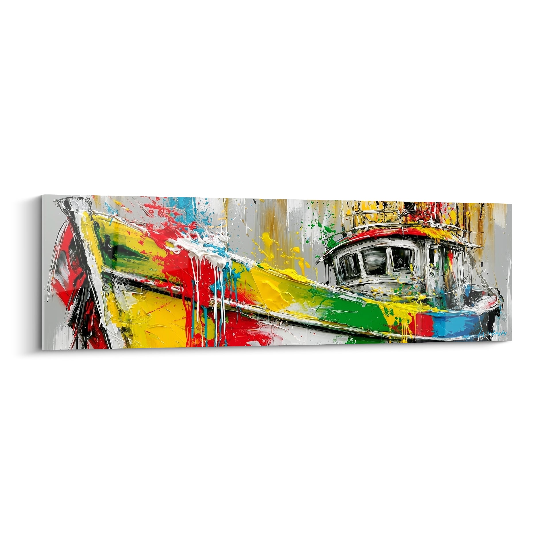 Bateau abstrait jaune et rouge éclaboussé de peinture, coque en coulures sur fond gris
