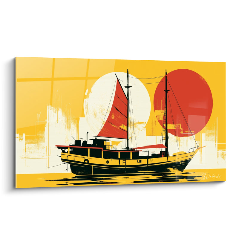 Tableau Chalutier noir et jaune sous double disque - Silhouette portuaire graphique - Edition Bateau abstrait