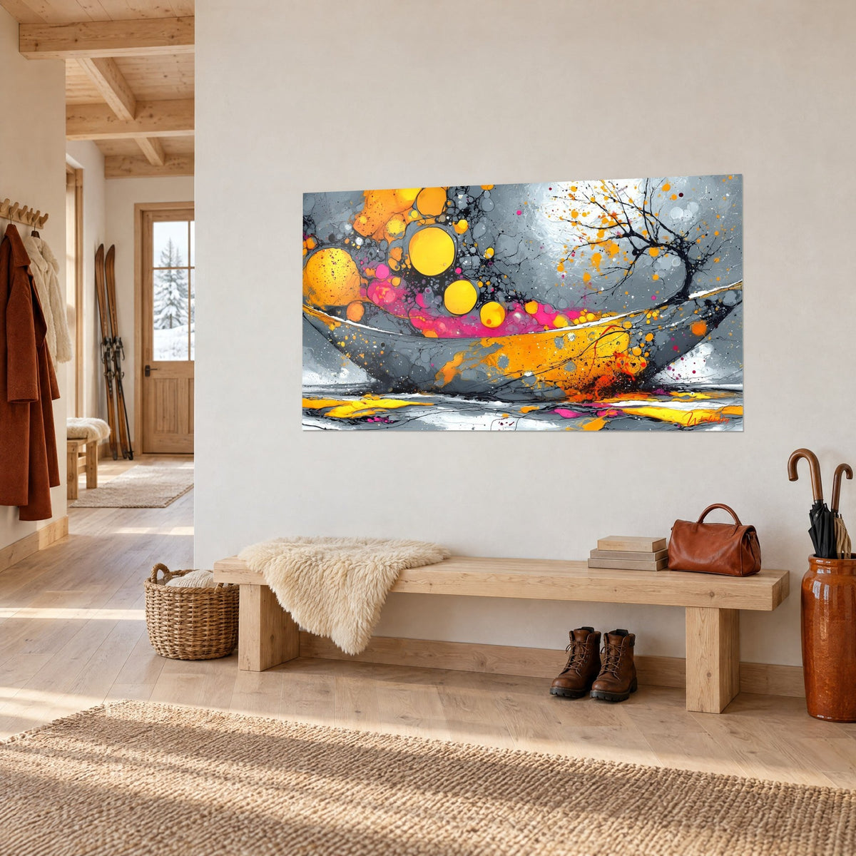Gemälde Grauer, ausgehöhlter Rumpf, große zitronengelbe Blasen und fuchsiafarbene Lache, schwarze Äste auf einer weißen Chalet-Flurwand, Walensky