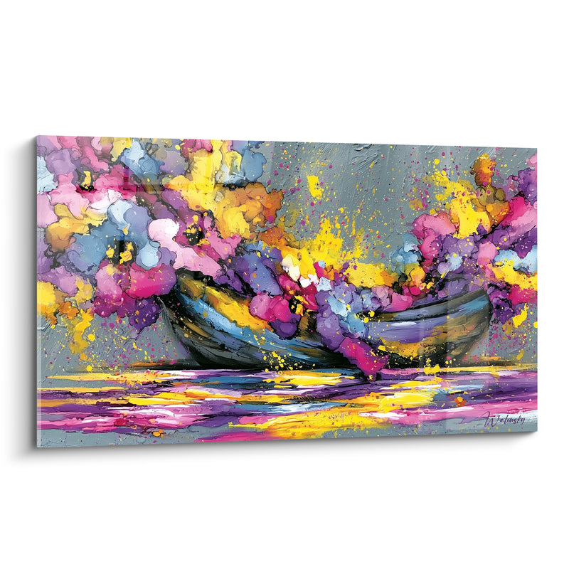Tableau Barque noire aux éclats jaune et violet - Éveil coloré - Edition Bateau abstrait