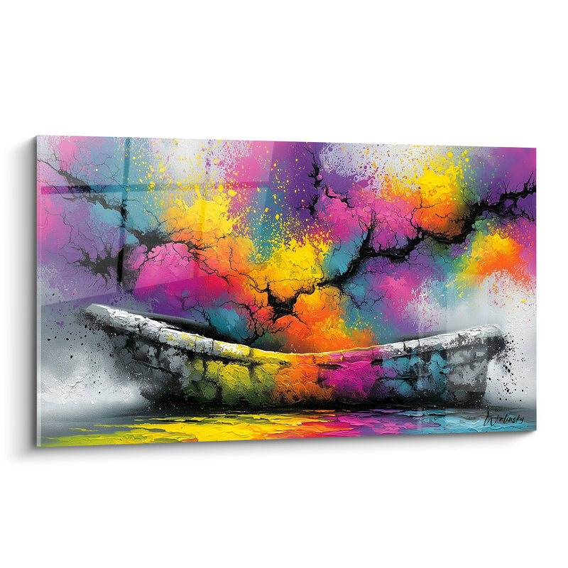 Tableau Barque solitaire aux éclaboussures roses et jaunes - Dérive lumineuse - Edition Bateau abstrait