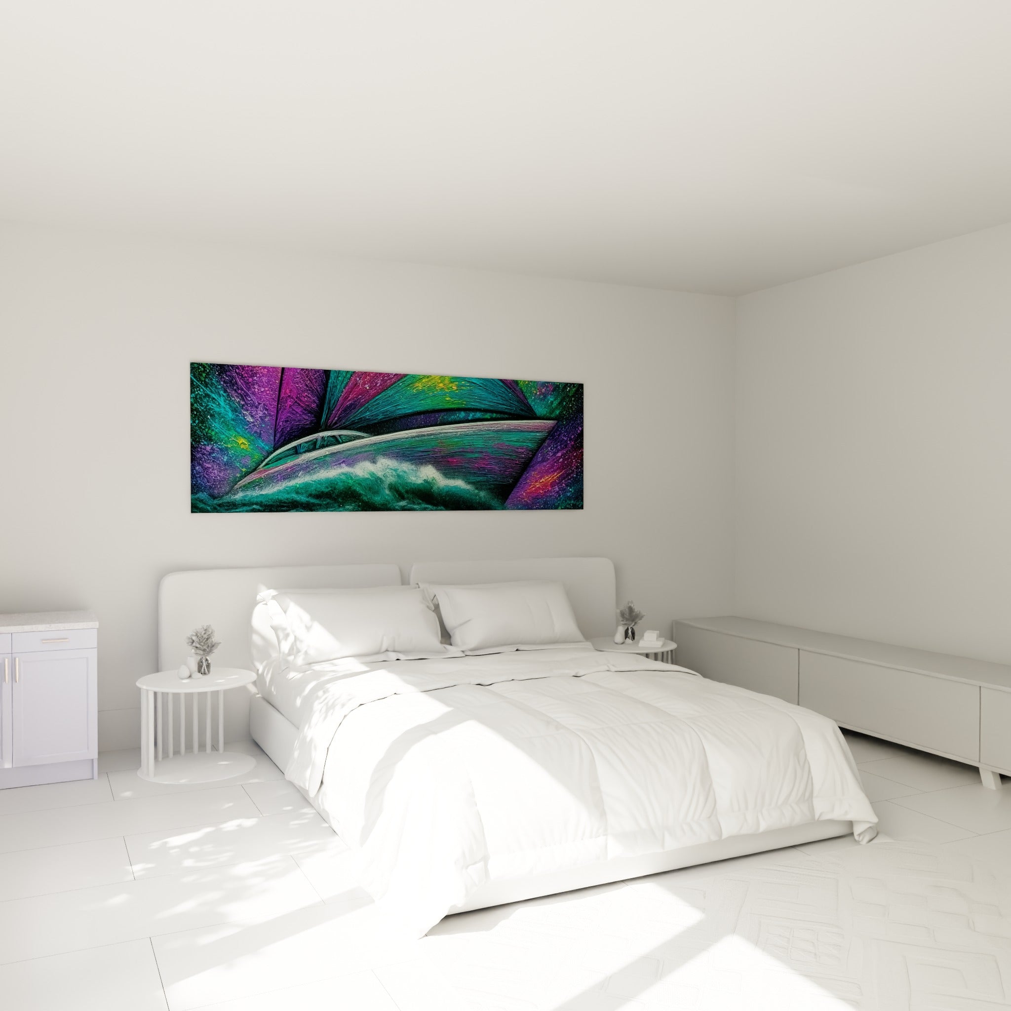 Voilier turquoise et magenta en pleine vitesse, accroché au-dessus d'un lit dans une chambre claire