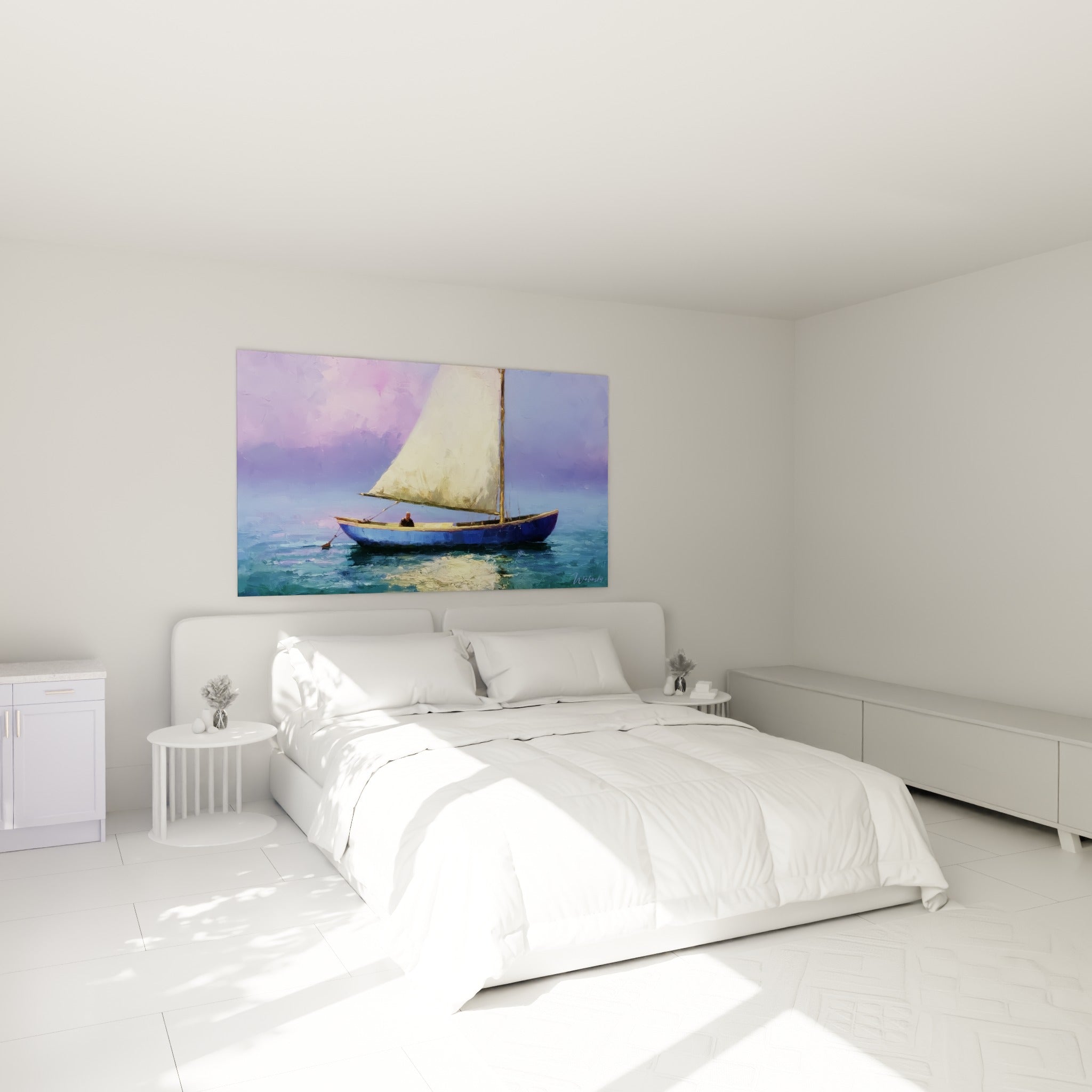 Marin solitaire sur voilier bleu et blanc au-dessus d'un lit dans une chambre claire