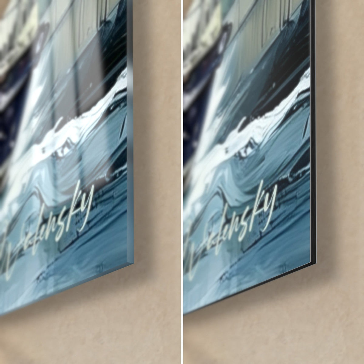 Wall art purple and midnight-blue yacht, bottom right corner: glossy acrylic glass on the left, matte Dibond aluminum on the right, 3 mm thick