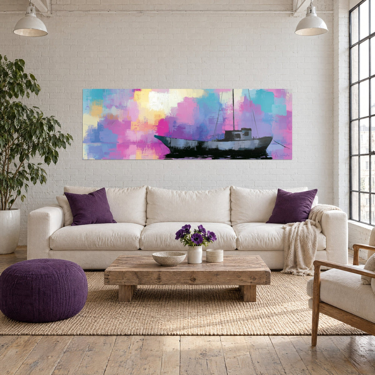 Tableau barque de pêche noire aux touches roses et turquoise, brume jaune pâle, au-dessus d'un canapé dans un salon lumineux