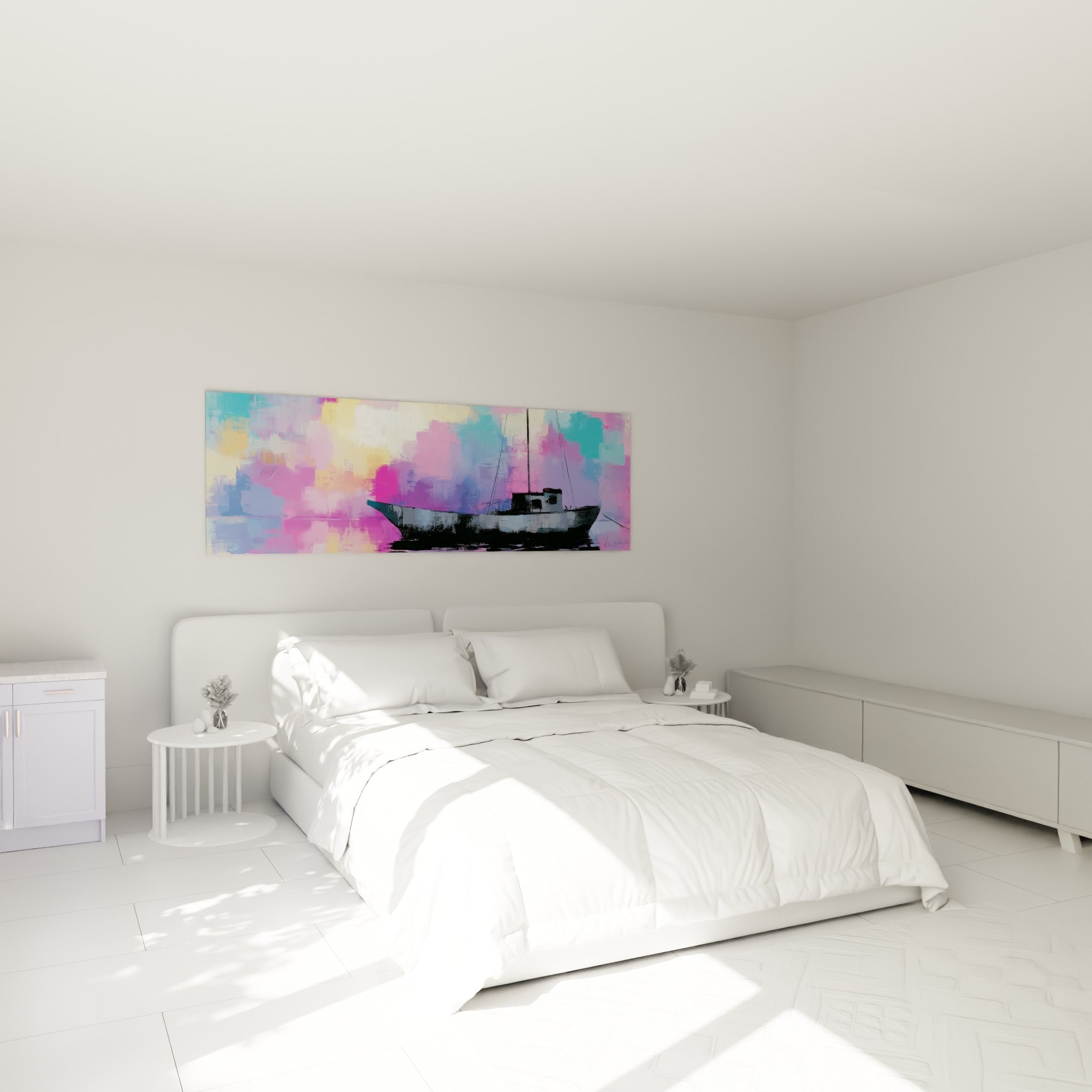 Silhouette de bateau abstrait noire aux nuances mauve et jaune pâle, au-dessus d'un lit dans une chambre claire