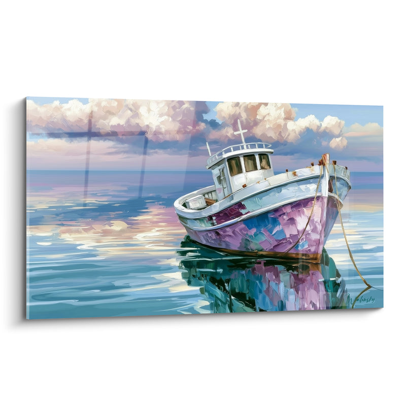 Tableau Bateau de pêche mauve et blanc amarré - Ancrage silencieux - Edition Bateau abstrait