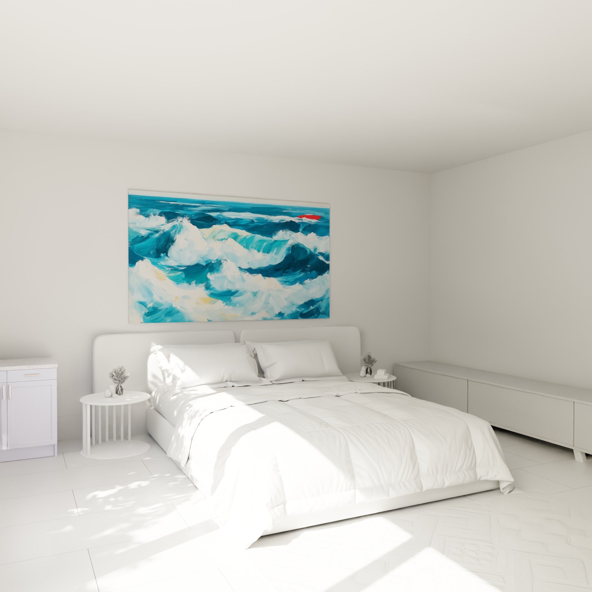 Océan agité aux tons bleu marine et blanc, tableau bateau abstrait au-dessus d'un lit dans une chambre claire