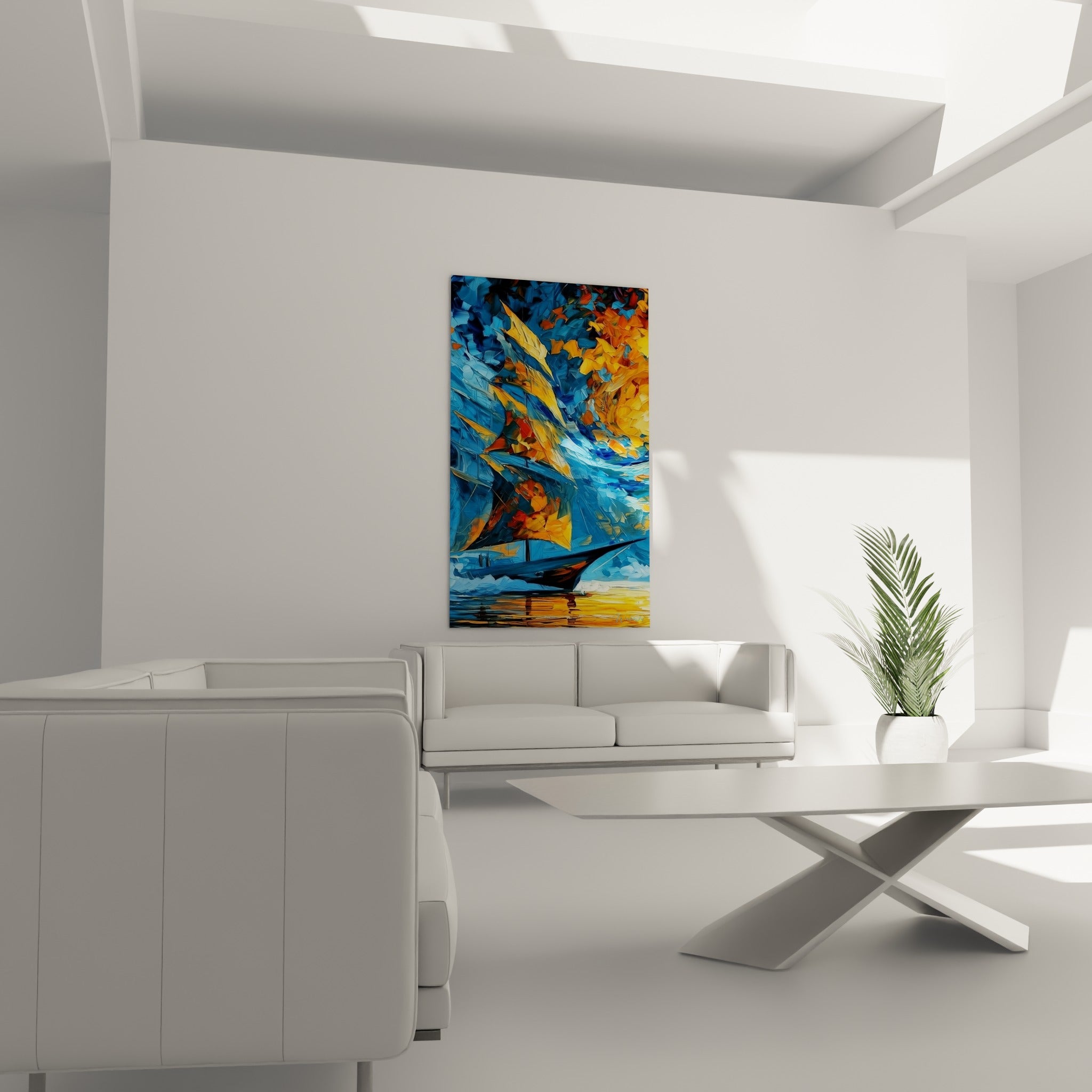 Voilier doré et bleu marine sur mer agitée, tableau bateau accroché au-dessus d'un canapé dans un salon lumineux