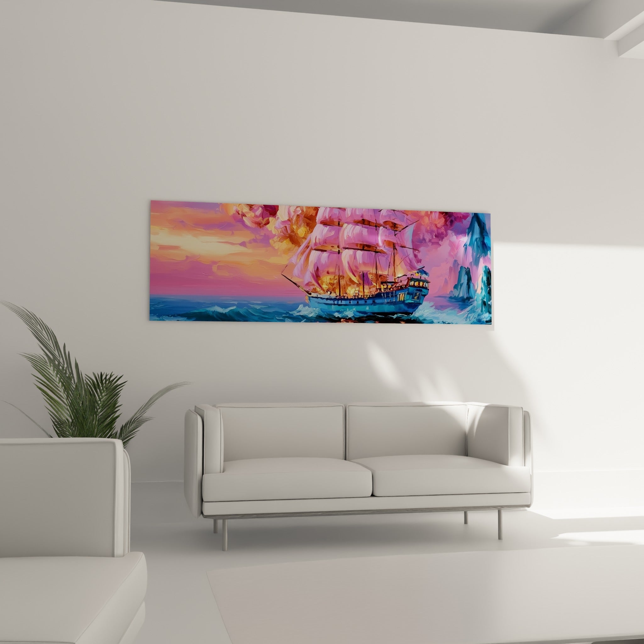 Grand voilier aux voiles mauves et coque bleu marine, au-dessus d'un canapé dans un salon lumineux