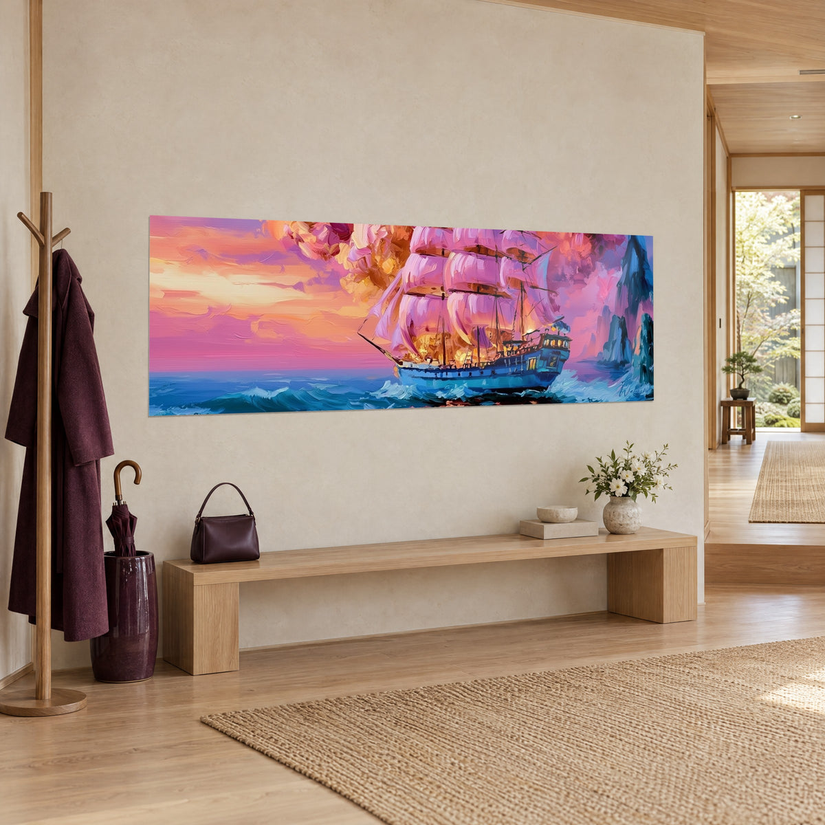 Quadro di un vecchio veliero sotto un cielo rosa e giallo, scafo blu che solca le onde, visto di tre quarti su una parete beige