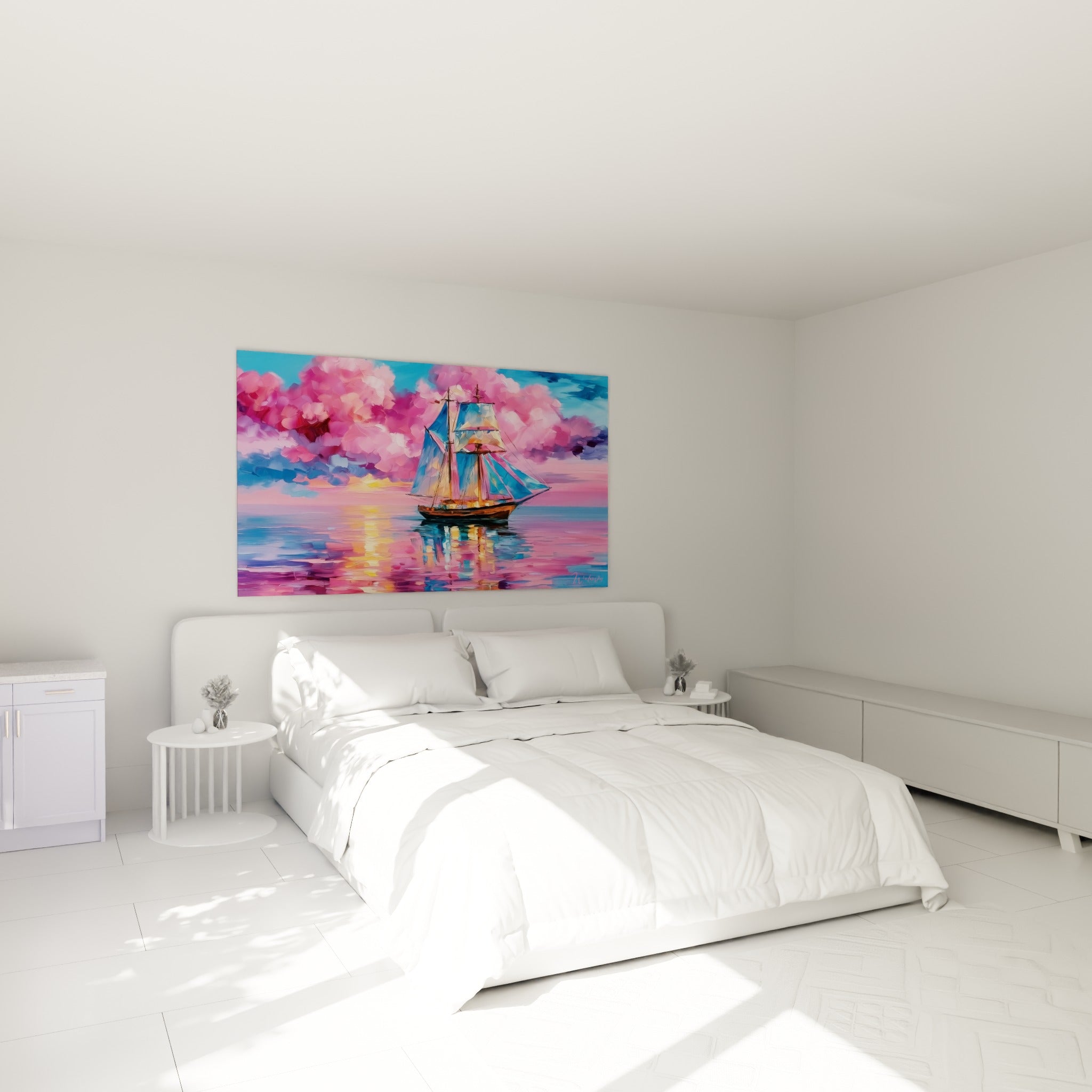Trois-mâts naviguant sous un ciel rose et mauve, tableau bateau abstrait au-dessus d'un lit dans une chambre claire