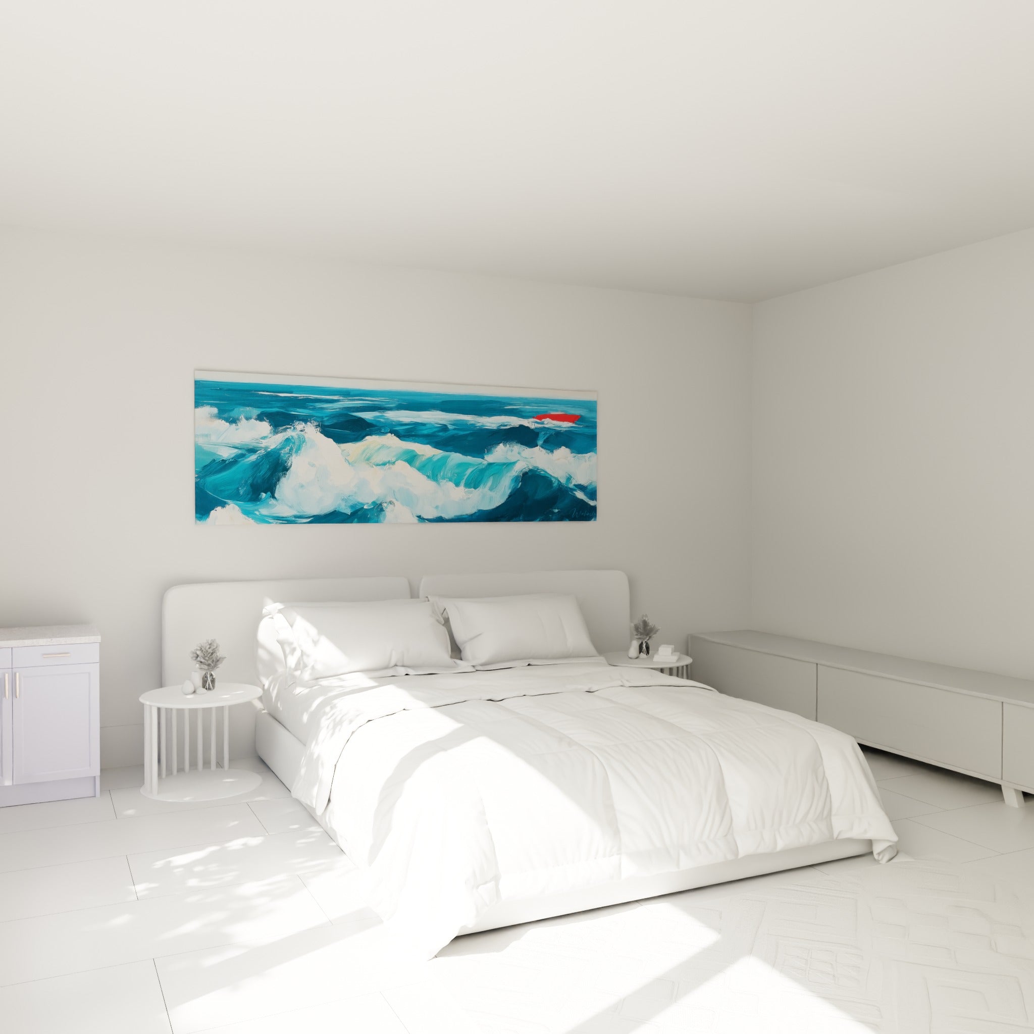 Mer déchaînée en bleu marine et blanc écume, tableau bateau abstrait au-dessus d'un lit dans une chambre claire