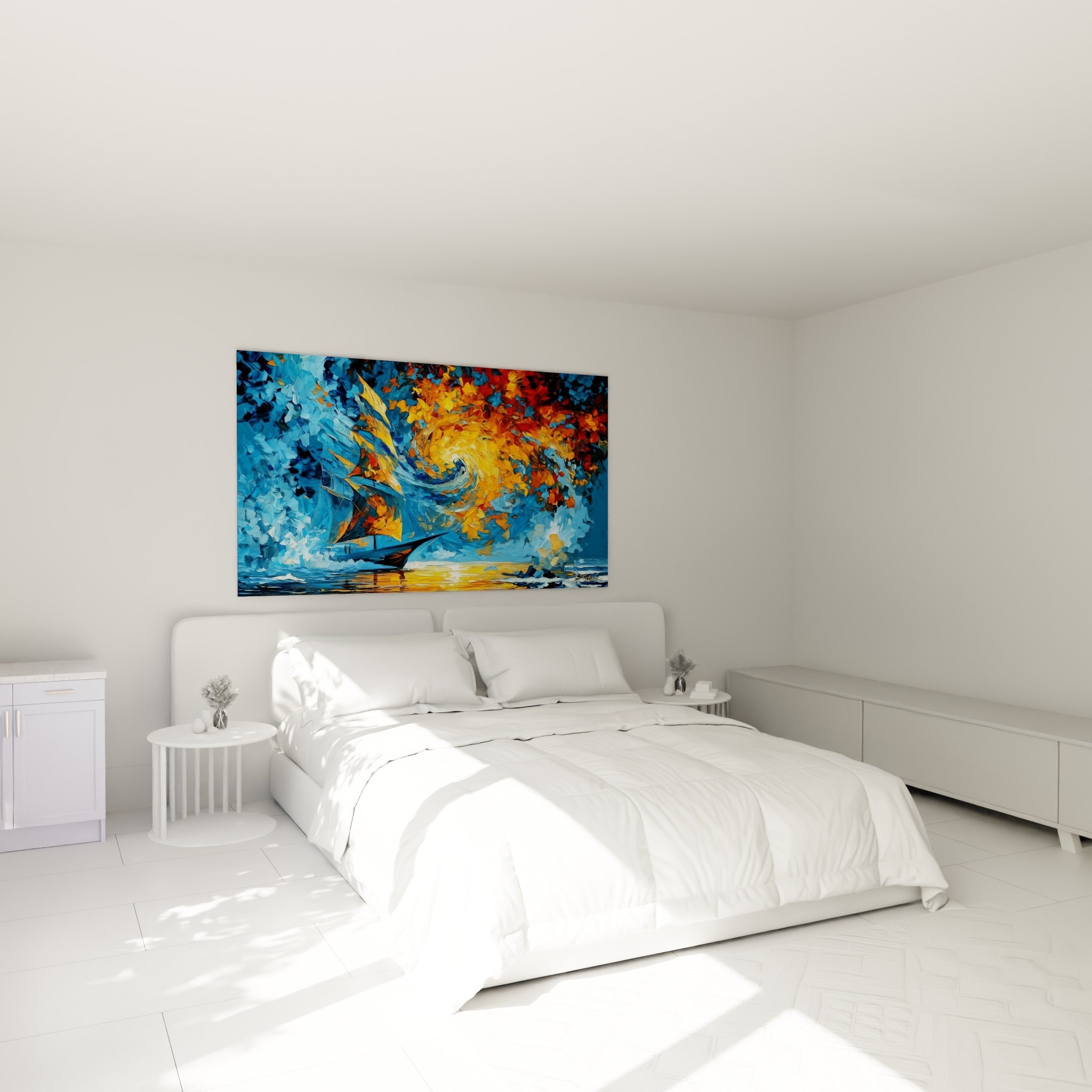 Navire bateau abstrait bleu et orange voguant vers un tourbillon lumineux, au-dessus d'un lit dans une chambre claire