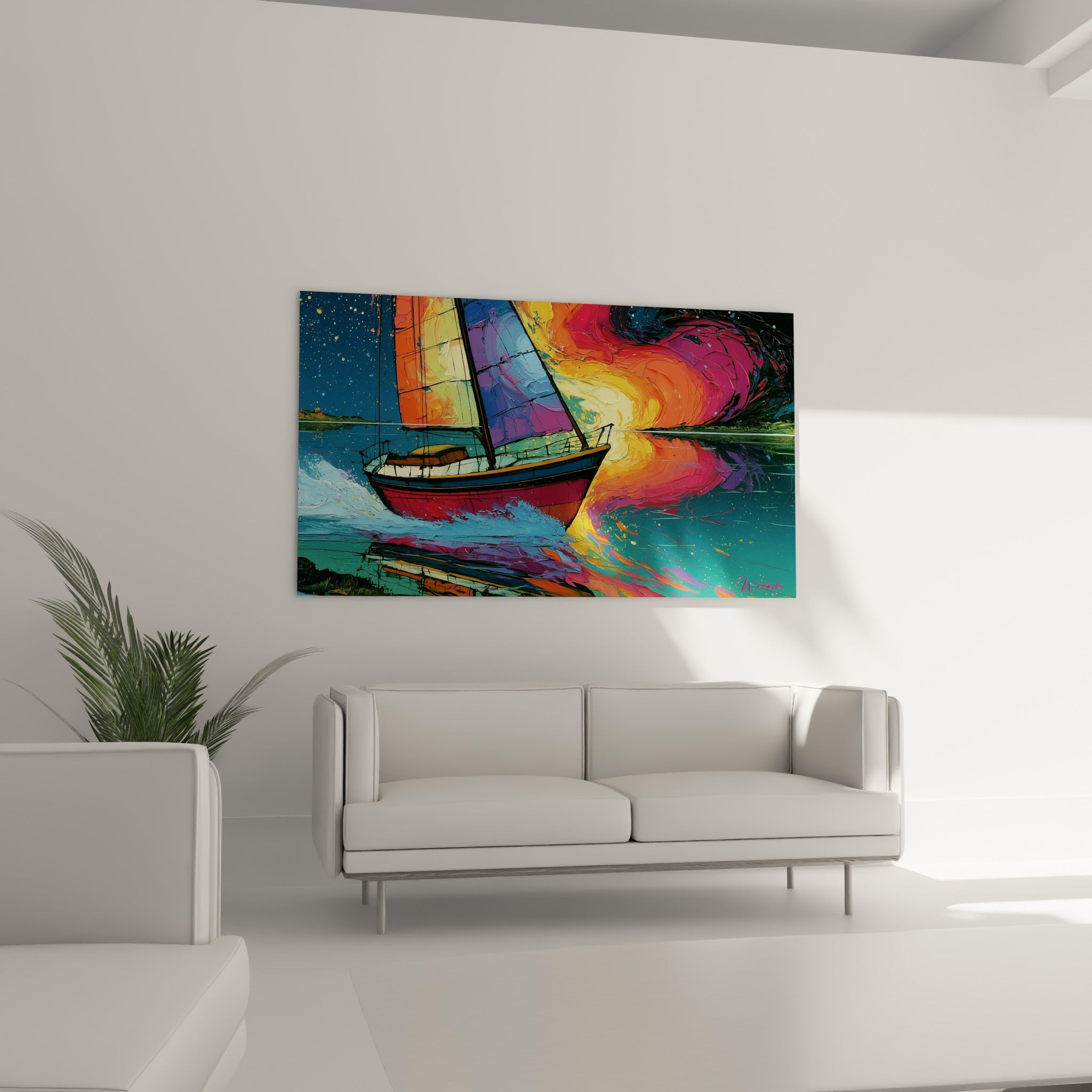 Voilier coloré rouge et violet sur mer étoilée, accroché au-dessus d'un canapé dans un salon lumineux