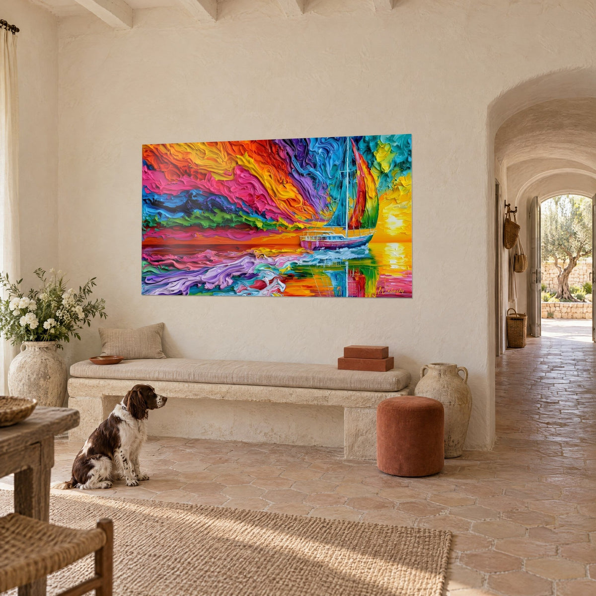 Tableau yacht à voiles multicolores sur eau miroir jaune et rose, coups de couteau épais, mas provençal, spaniel couché en face