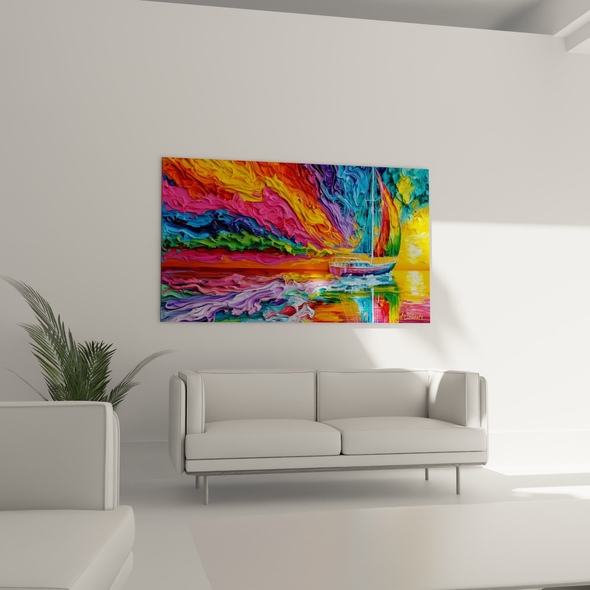 Mer orange et lilas tourbillonnante autour d'un voilier accrochée au-dessus d'un canapé dans un salon lumineux