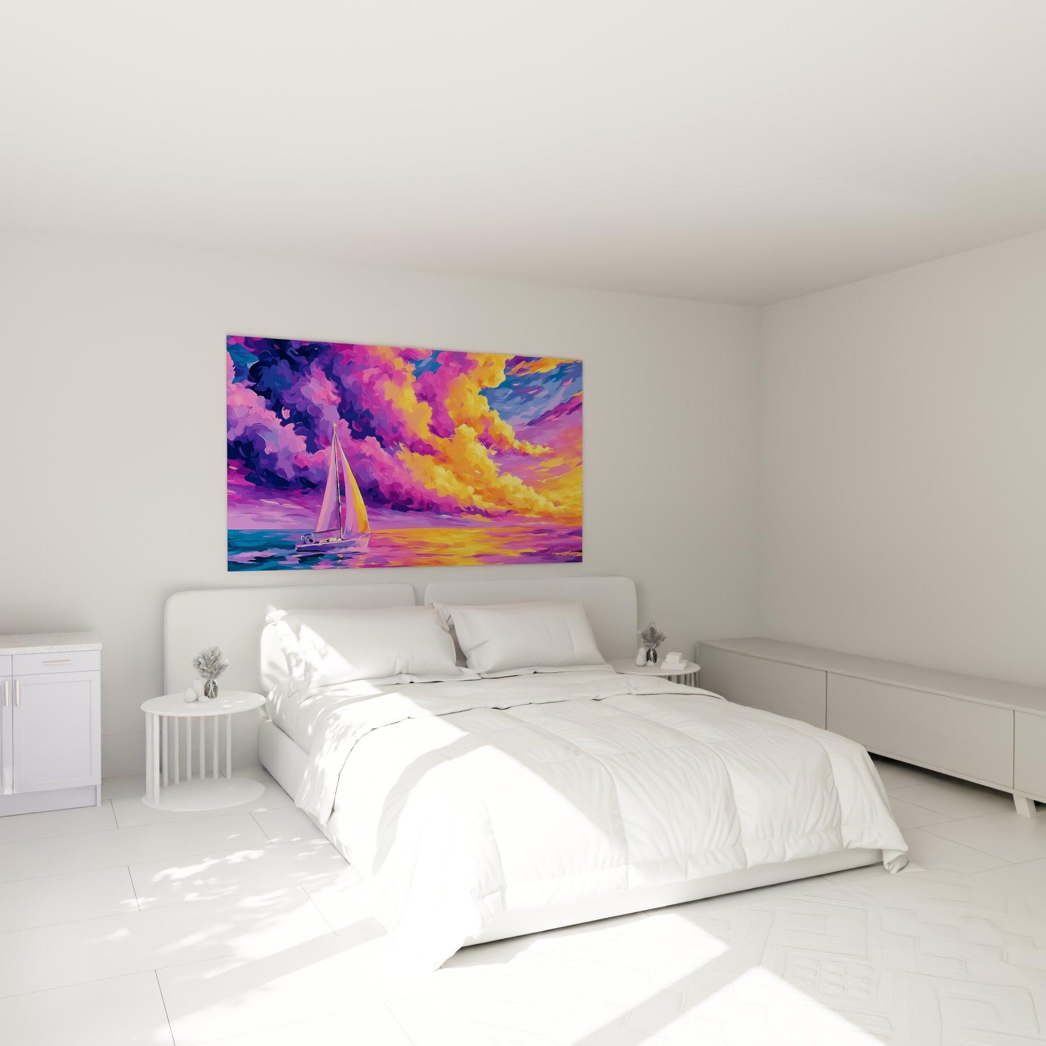 Petit bateau à voile blanc et rose sous un ciel violet et doré, au-dessus d'un lit dans une chambre claire
