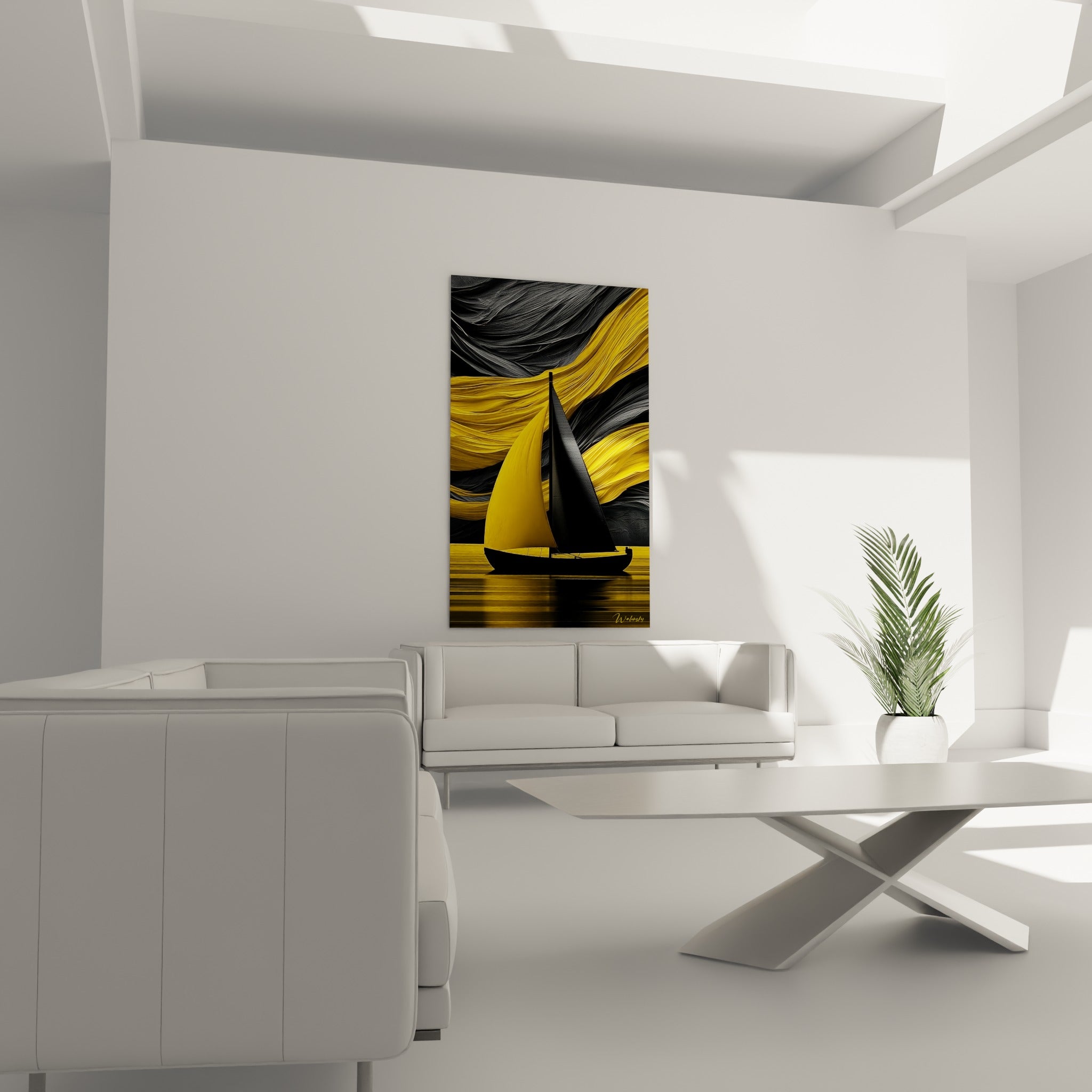 Bateau à voile stylisé jaune vif sur fond de vagues sombres, tableau bateau abstrait au-dessus d'un canapé dans un salon lumineux