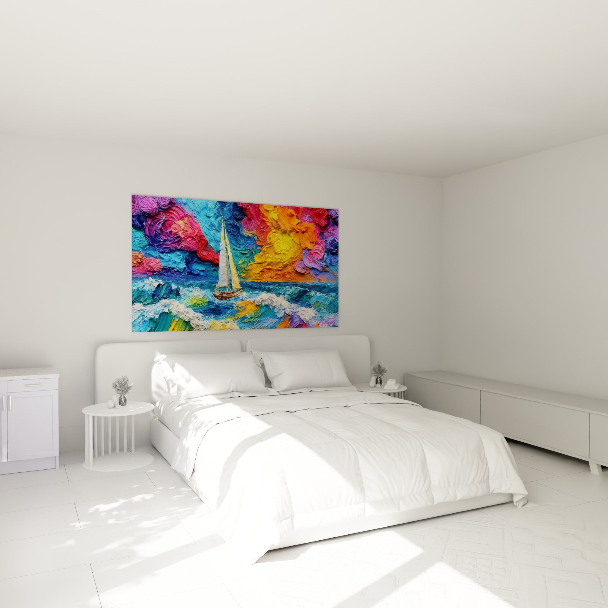 Voilier isolé sur une mer turquoise agitée, ciel embrasé orange et violet, accroché au-dessus d'un lit dans une chambre claire