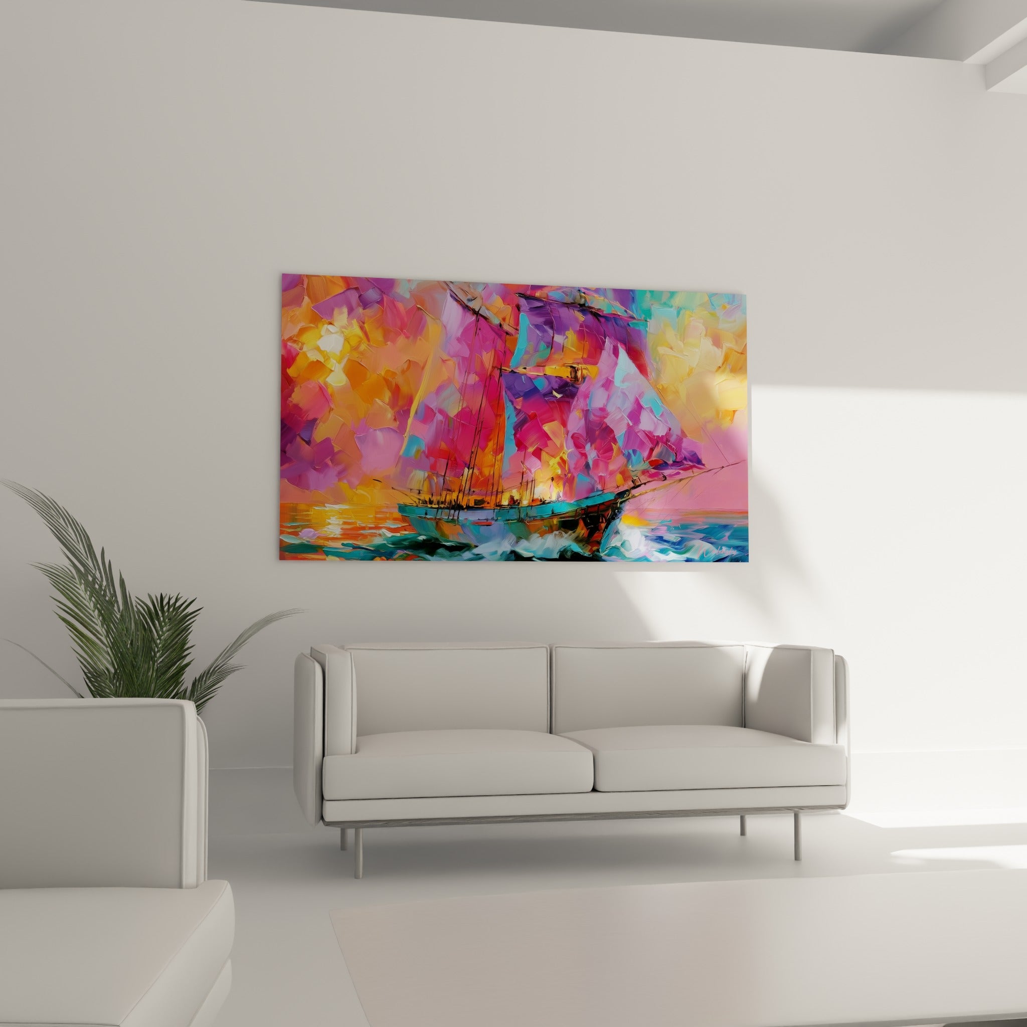 Navire bateau abstrait orange et turquoise disposé au-dessus d'un canapé dans un salon lumineux