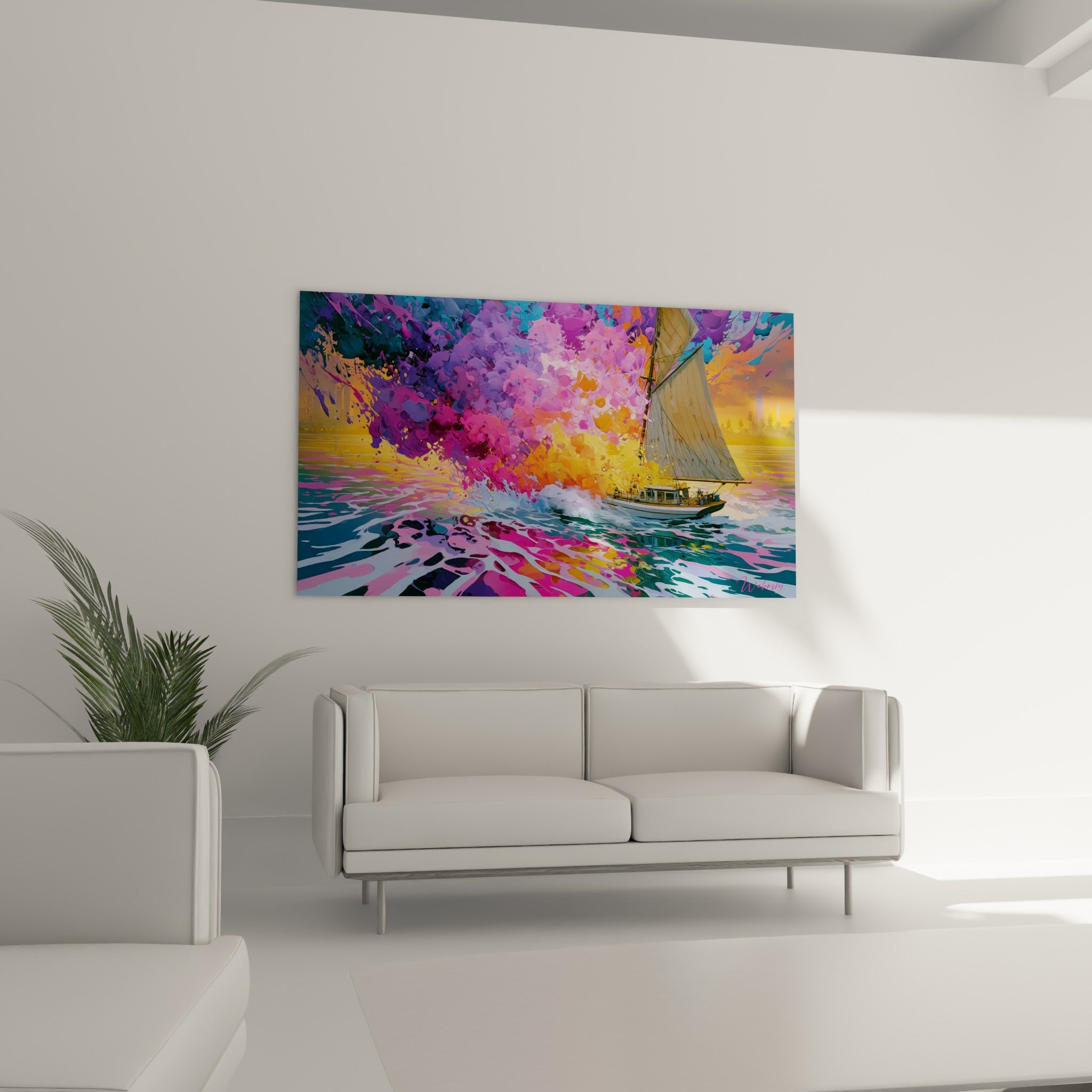 Voilier aux voiles blanches glissant sur une mer turquoise éclaboussée de violet, tableau Bateau abstrait au-dessus d'un canapé dans un salon lumineux