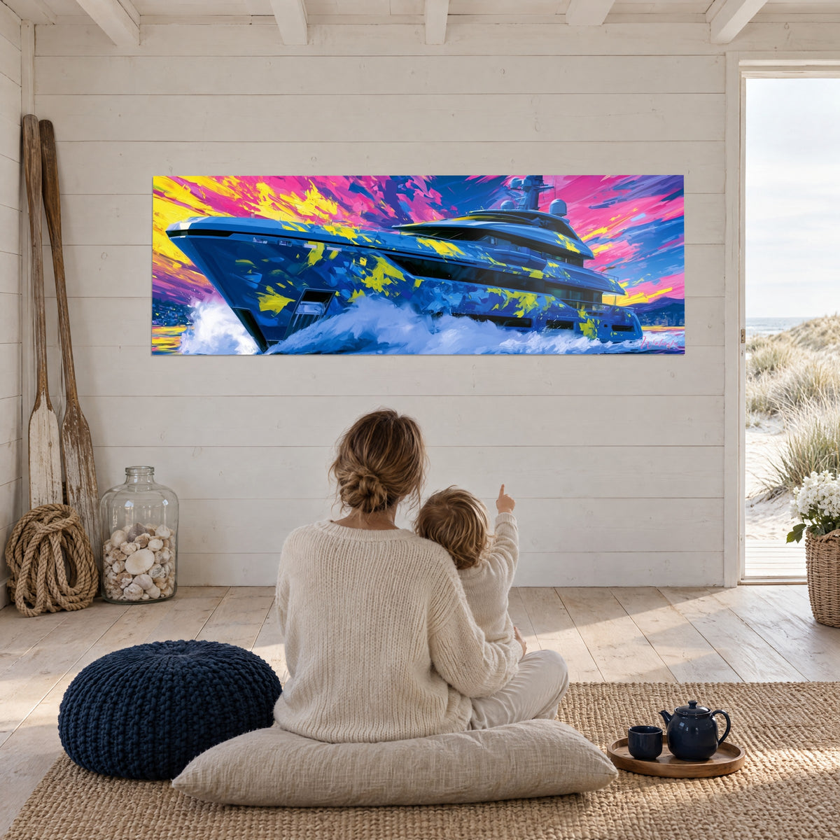 Tableau silhouette de yacht bleu électrique et jaune fluo sous un ciel rose, une mère et son enfant de dos assis face au mur blanc