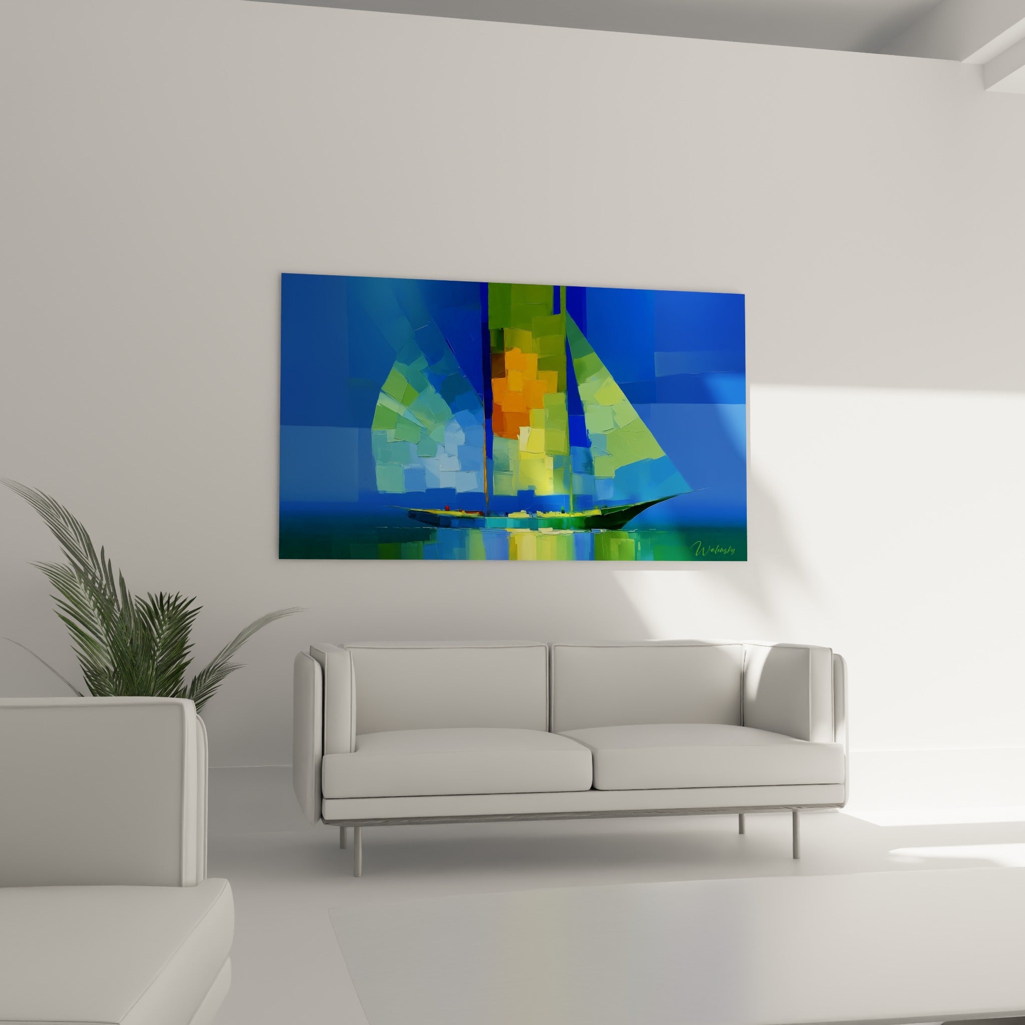 Composition marine bleu marine et vert sauge du voilier, au-dessus d'un canapé dans un salon lumineux