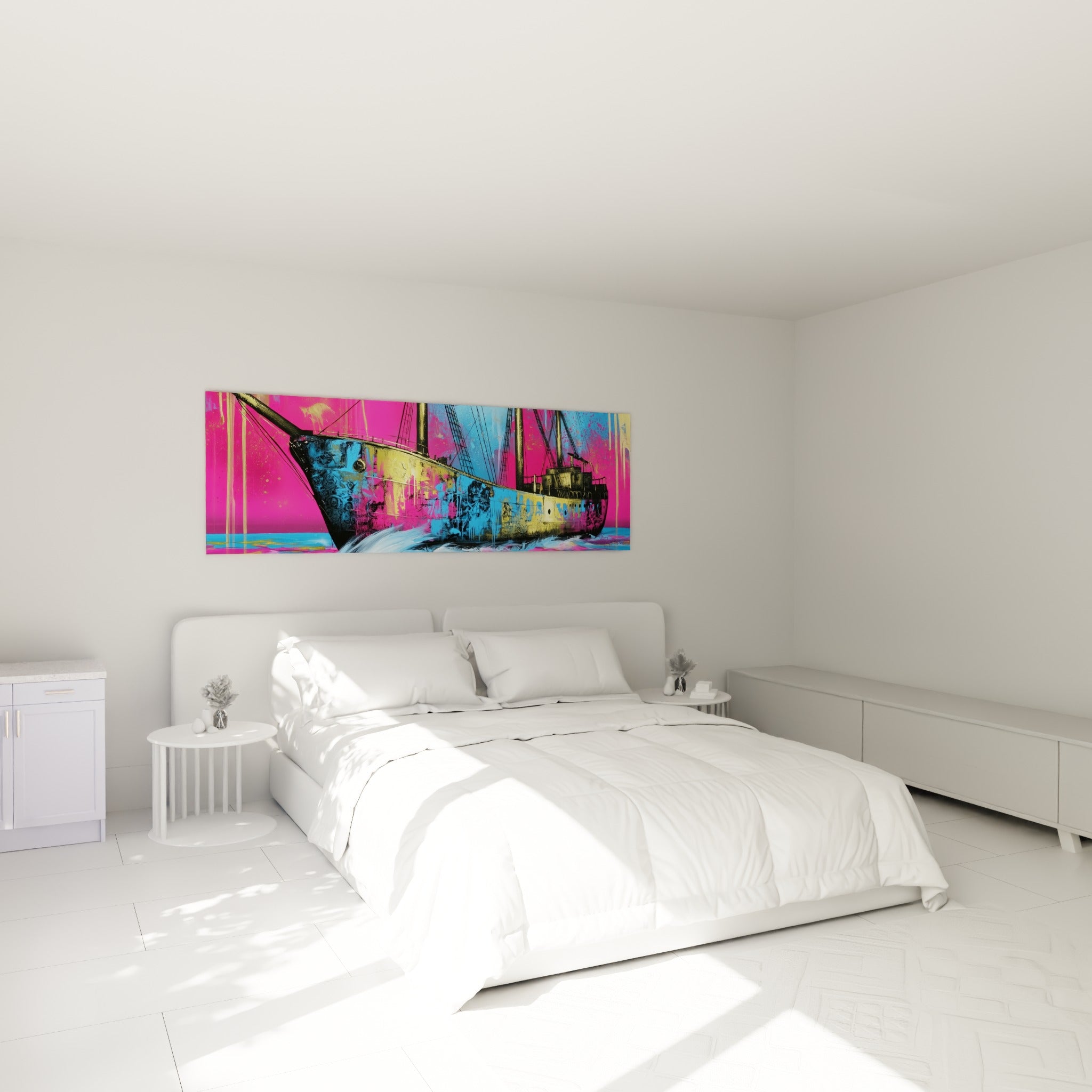 Navire aux coulures dorées et bleu électrique accroché au-dessus d'un lit dans une chambre claire