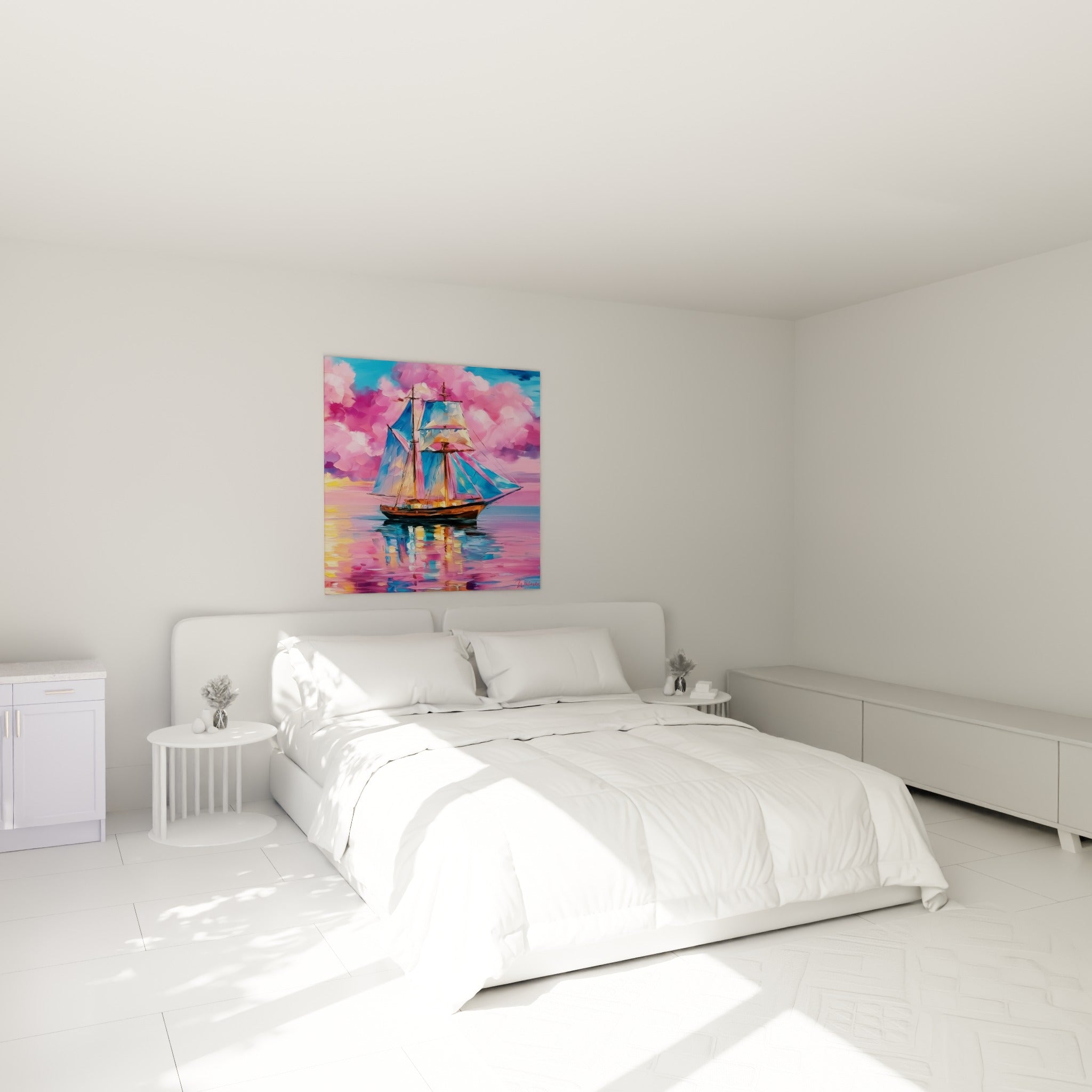 Navire aux teintes roses et bleu marine du tableau bateau abstrait au-dessus d'un lit dans une chambre claire