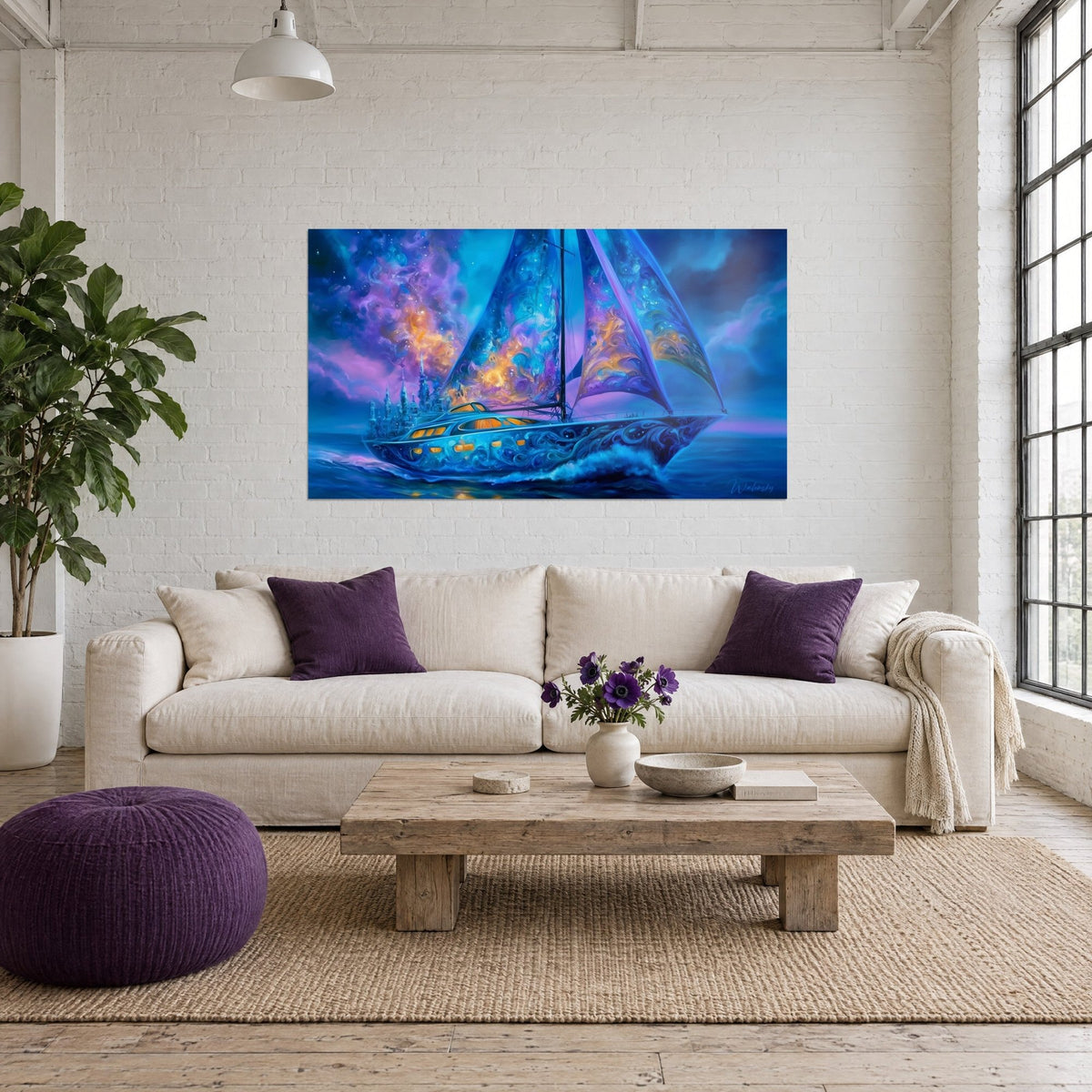 Quadro veliero dalle vele nebulose blu notte e oro, scafo decorato con volute, sopra un divano in un soggiorno luminoso