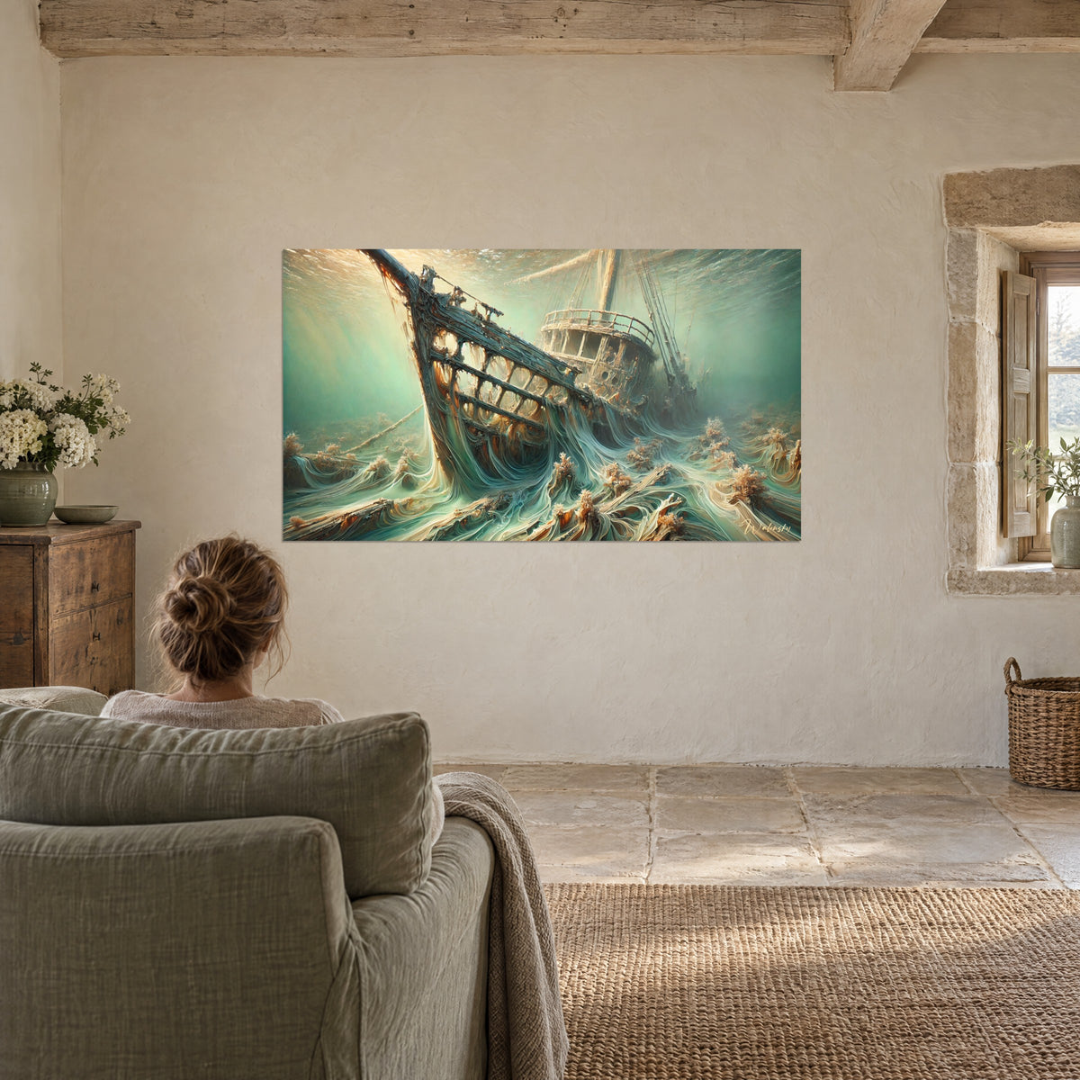 Tableau coque abstraite noyée dans les courants, sarcelle et sable doré, dans un séjour avec fauteuil en lin