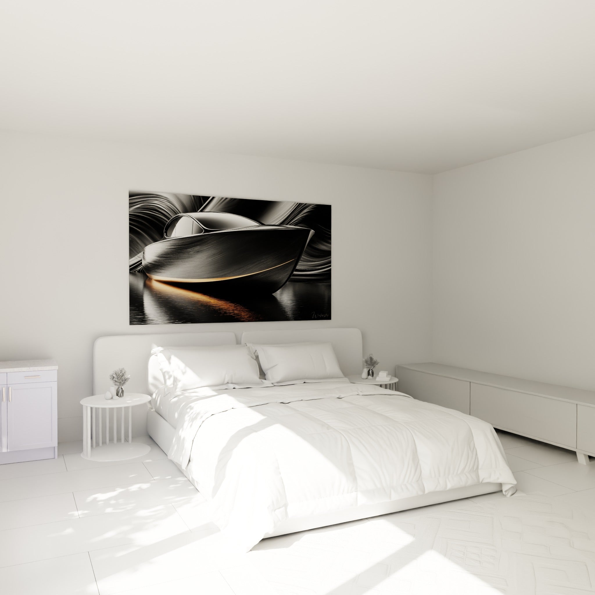 Silhouette de bateau abstrait noir et doré au-dessus d'un lit dans une chambre claire