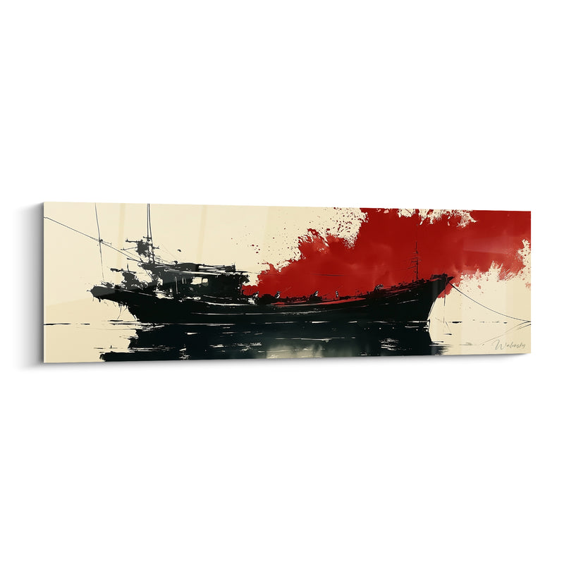 Tableau Chalutier noir sur fond ivoire éclaboussé rouge - Silence portuaire - Edition Bateau abstrait