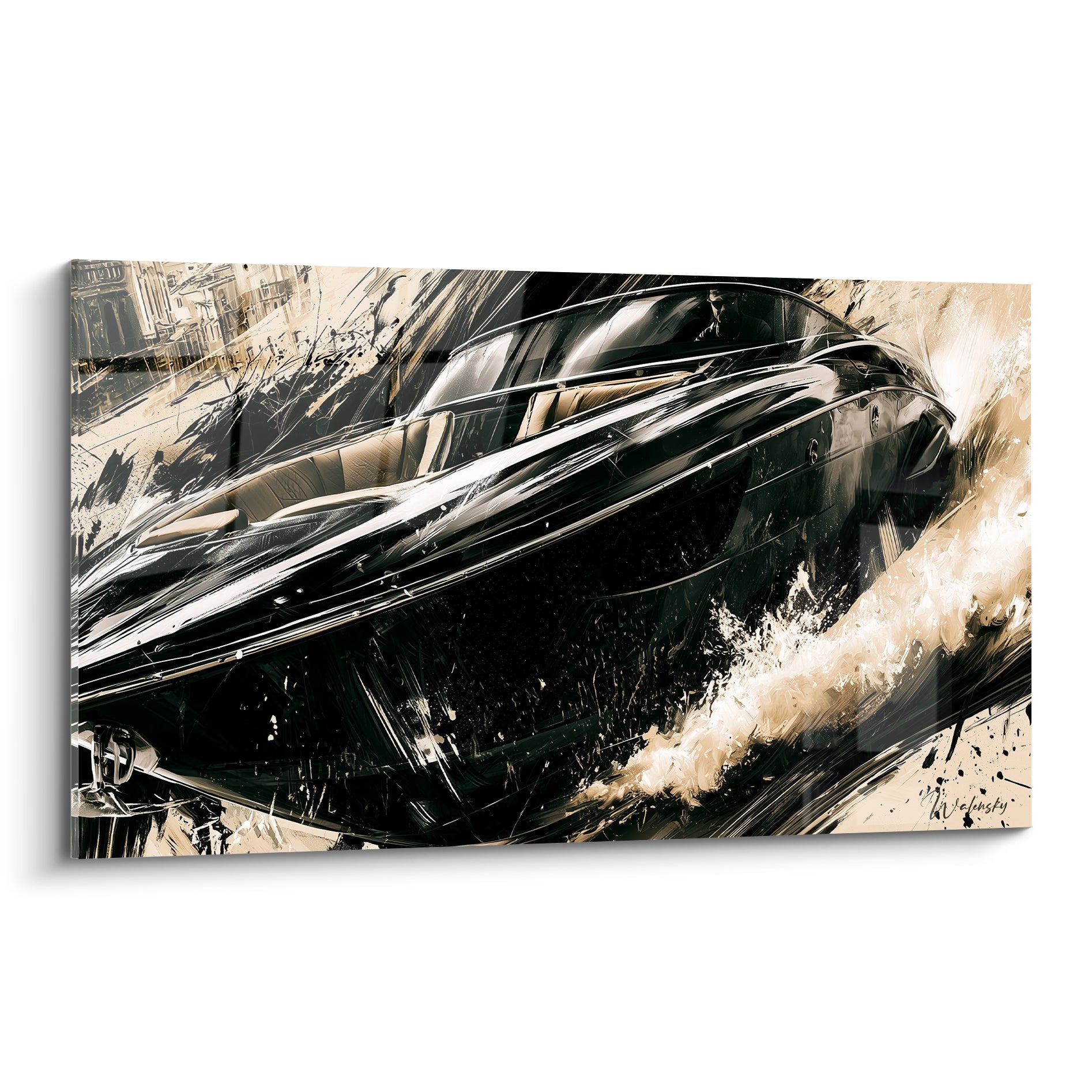 Hors-bord noir fendant l'écume beige sable, traits expressifs sur toile abstraite