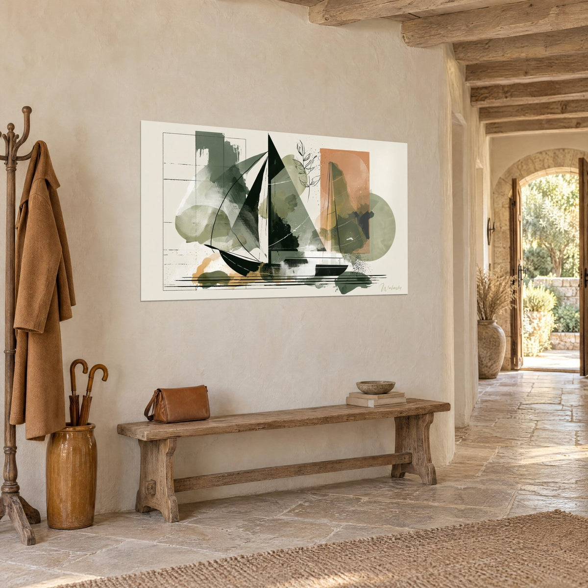 Tableau bateau géométrique, coque noire, triangles vert sauge et aplat terracotta, accroché dans l'entrée en pierre d'une maison de campagne