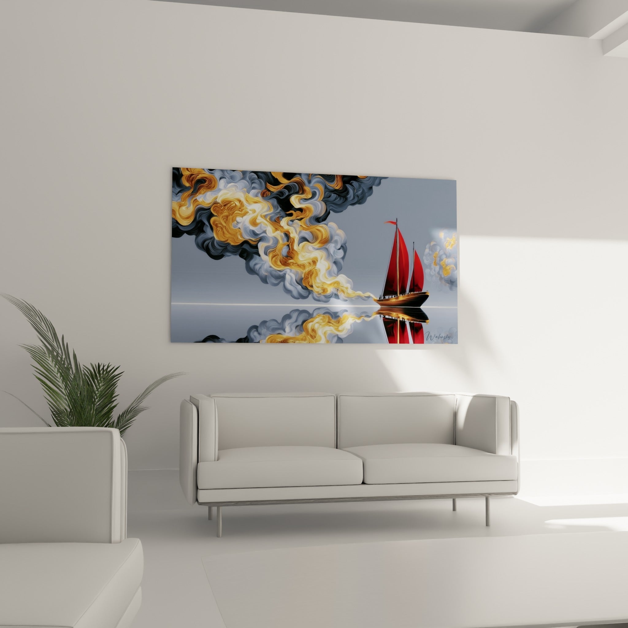 Nuage tourbillonnant ocre et anthracite du tableau bateau accroché au-dessus d'un canapé dans un salon lumineux