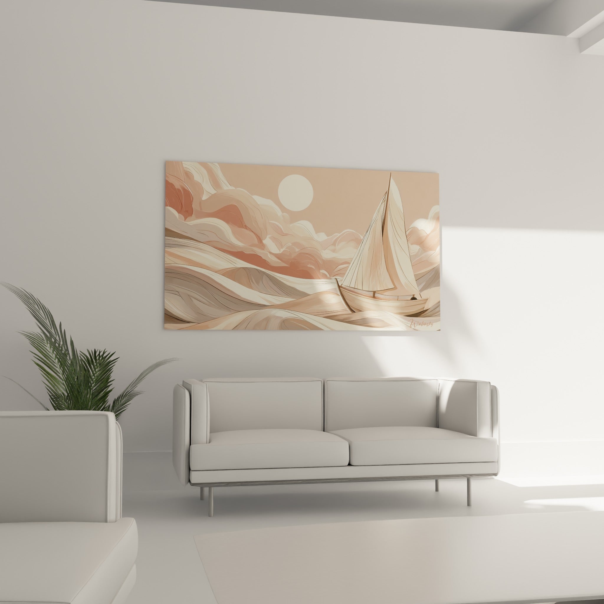 Nuages rose poudré et voilier crème du tableau bateau abstrait, au-dessus d'un canapé dans un salon lumineux