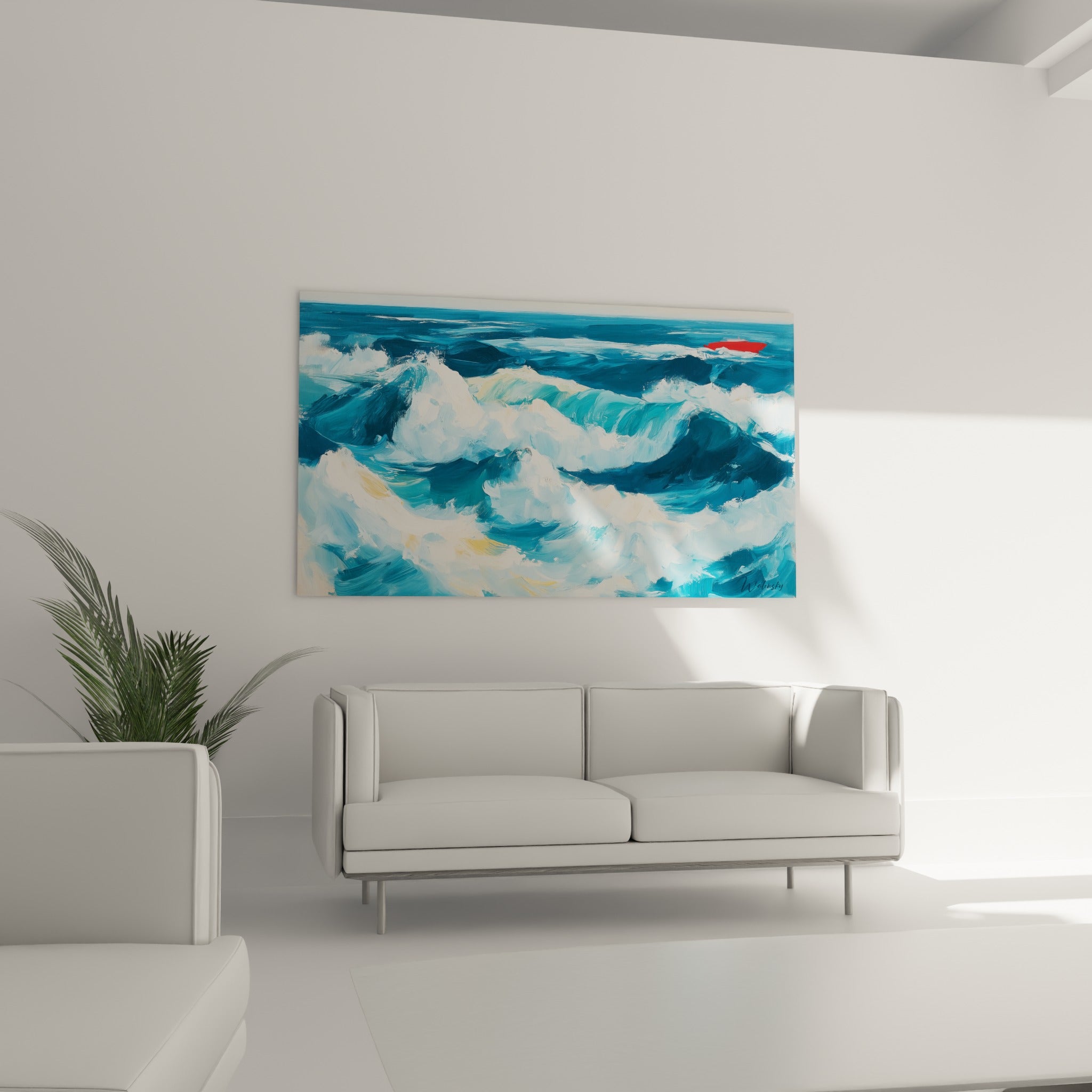 Mer déchaînée en bleu turquoise et blanc, tableau bateau abstrait au-dessus d'un canapé dans un salon lumineux